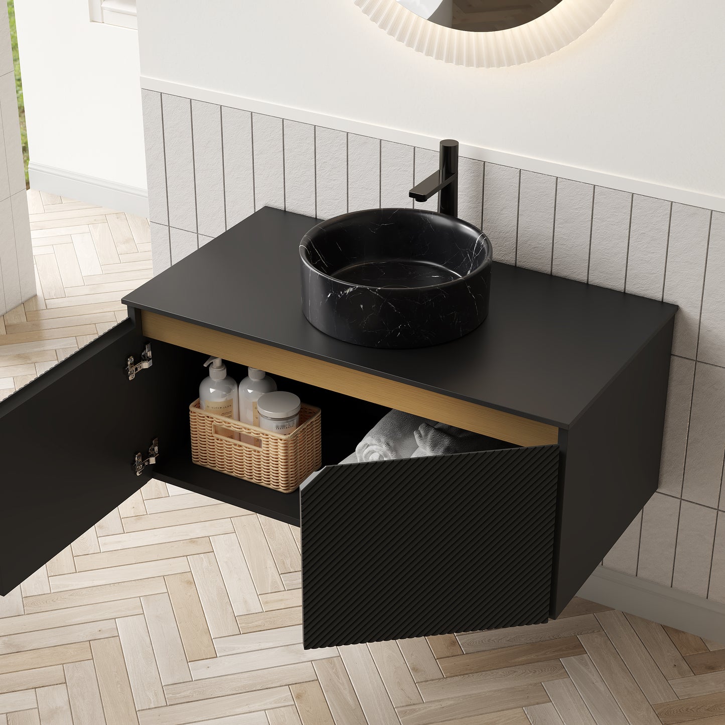 RUBEN 36" Bathroom Vanity&Sink, Wall-Mounted Floating Plywood Storage Cabinet, Twill Double Doors with Metal Trim, Transparent Black Round Glass Basin&Black Sintered Stone Top, Black