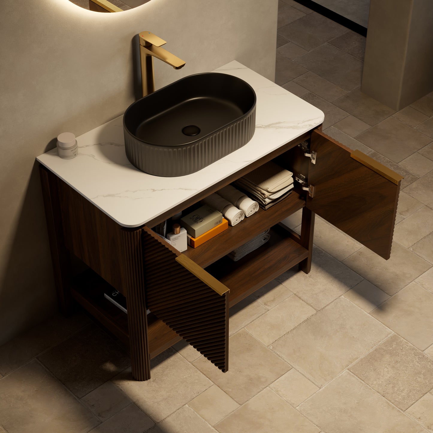 INDIGO 36" Bathroom Vanity&Sink, Freestanding Plywood Storage Cabinet with 2 Diagonal Striped Doors&Open Shelf, Black Striped Oval Ceramic Basin&Carrara White Sintered Stone Top, Dark Walnut Woodgrain