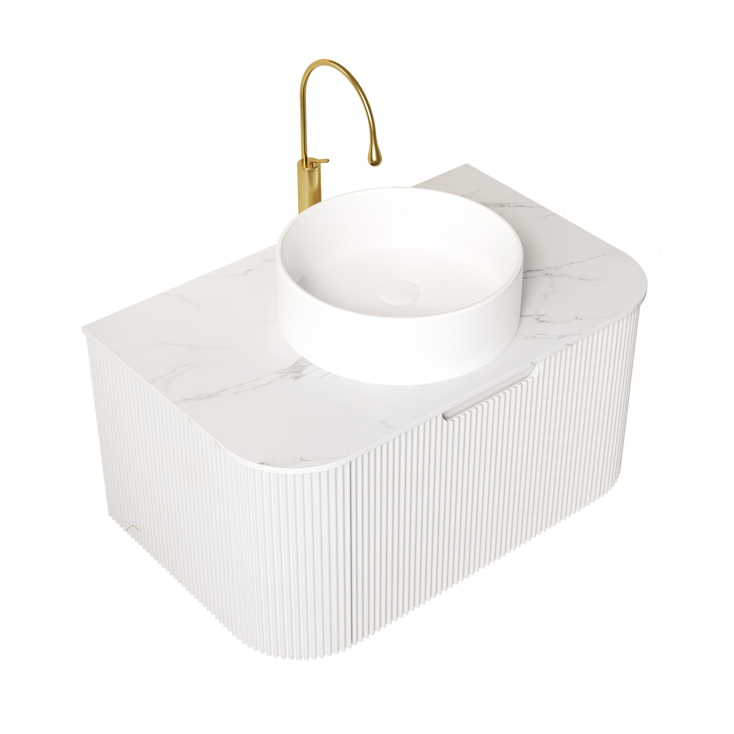 DINA 24" Bathroom Vanity&Sink, Floating Curved Edges Striped Plywood Storage Bathroom Cabinet with Drawer, White Round Ceramic Basin& Carrara White Sintered Stone Top, Pre-assembled, White (New SKU)