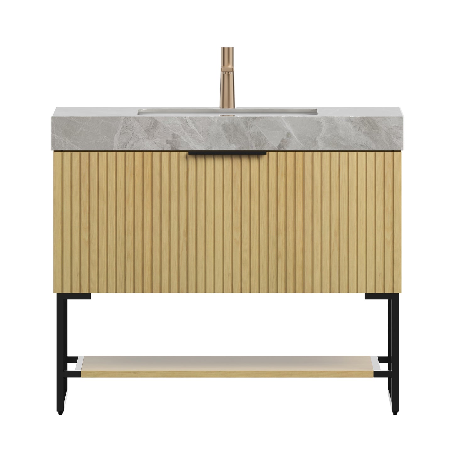 YOLAN 30" Bathroom Vanity&Sink, Freestanding Striped Plywood Storage Cabinet with Drawer&Open Shelf, Light Gray Sintered Stone Top&Undermount Ceramic Basin