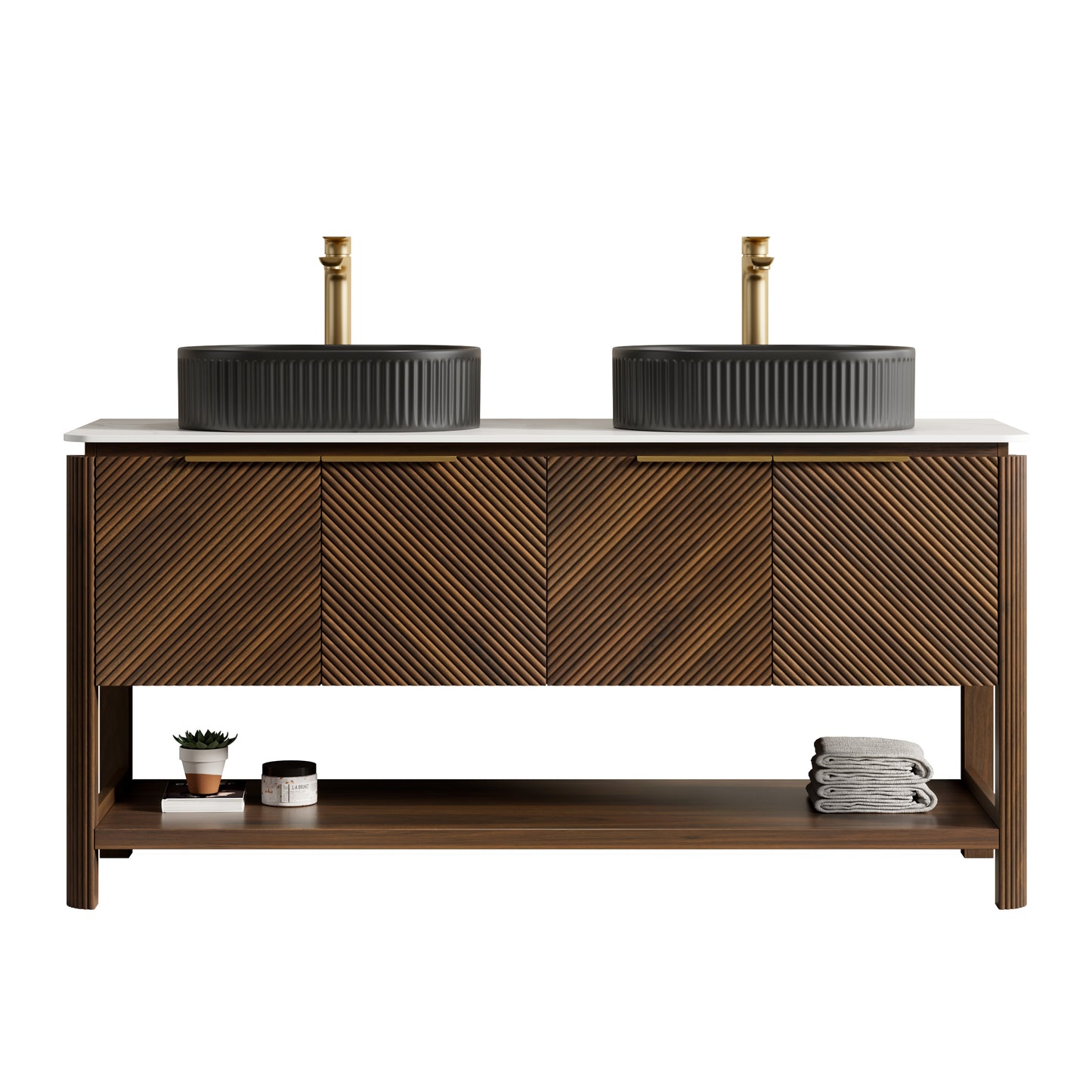 INDIGO 36" Bathroom Vanity&Sink, Freestanding Plywood Storage Cabinet with 2 Diagonal Striped Doors&Open Shelf, Black Striped Oval Ceramic Basin&Carrara White Sintered Stone Top, Dark Walnut Woodgrain