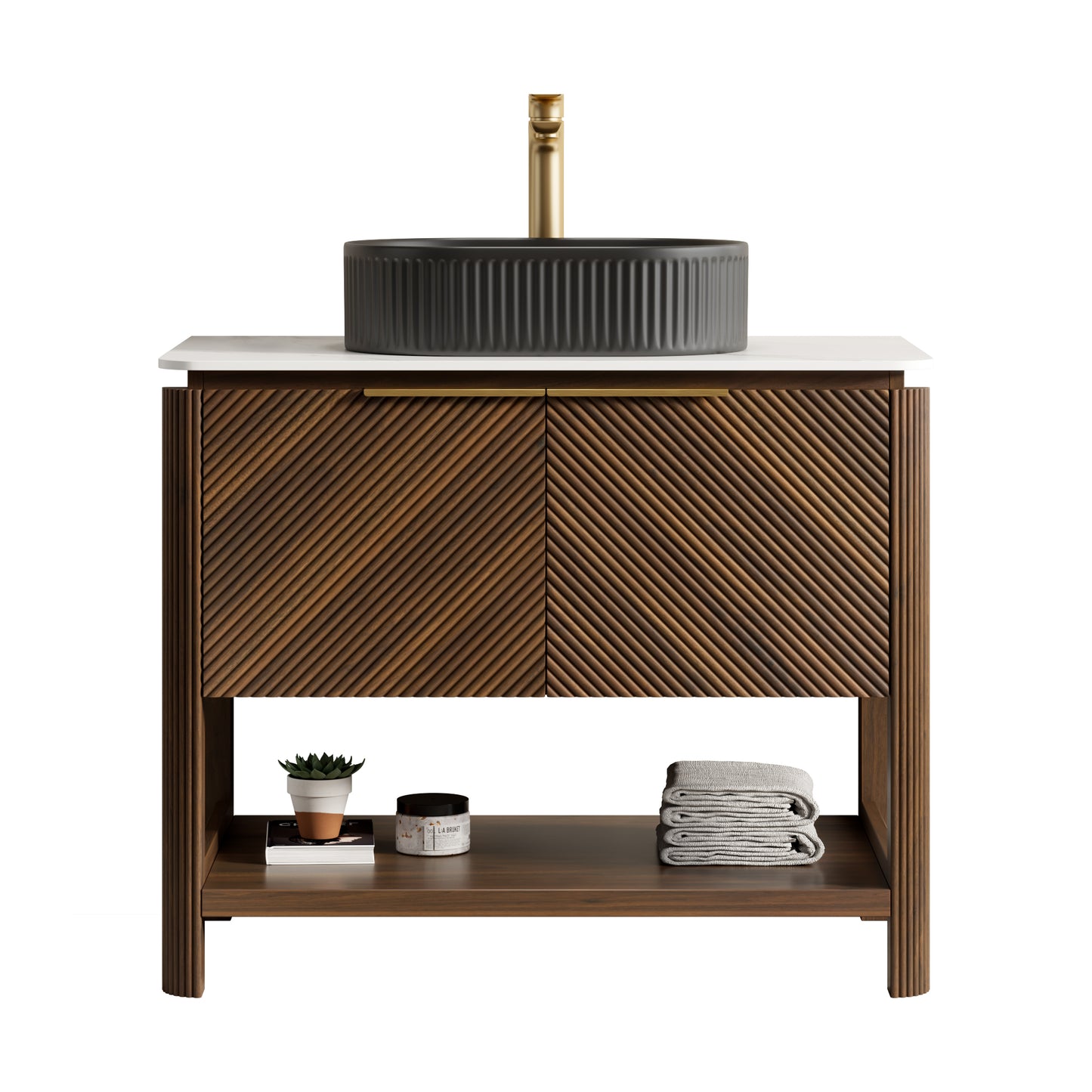 INDIGO 36" Bathroom Vanity&Sink, Freestanding Plywood Storage Cabinet with 2 Diagonal Striped Doors&Open Shelf, Black Striped Oval Ceramic Basin&Carrara White Sintered Stone Top, Dark Walnut Woodgrain