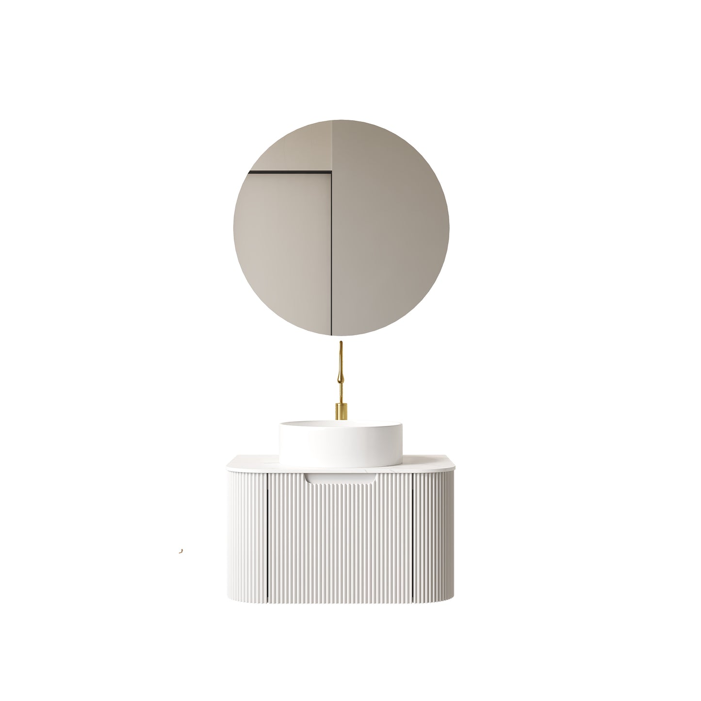 DINA 24" Bathroom Vanity&Sink, Floating Curved Edges Striped Plywood Storage Bathroom Cabinet with Drawer, White Round Ceramic Basin& Carrara White Sintered Stone Top, Pre-assembled, White (New SKU)