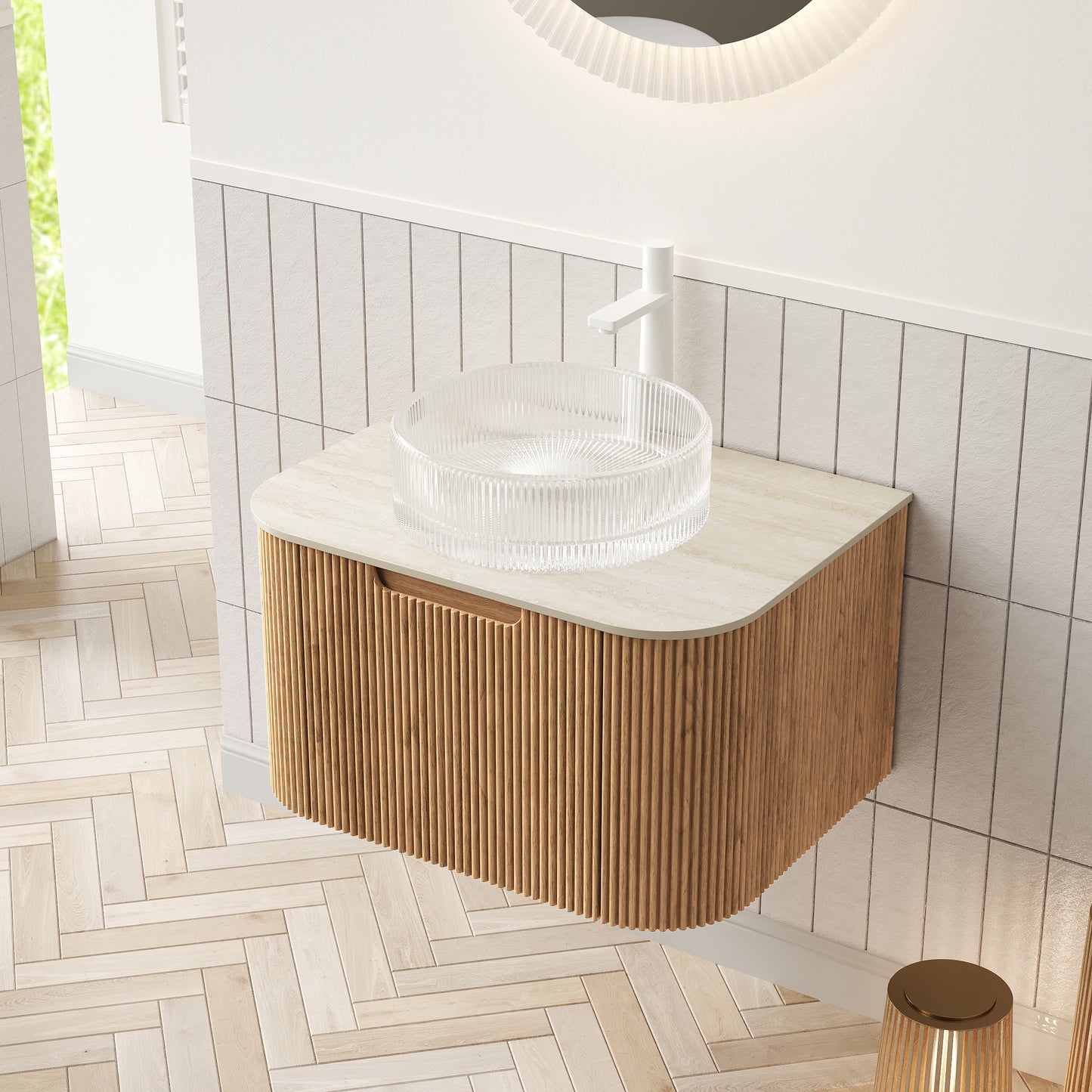 DINA Bathroom Vanity&Sinks, Floating Curved Edges Striped Storage Cabinet, Natural Woodgrain