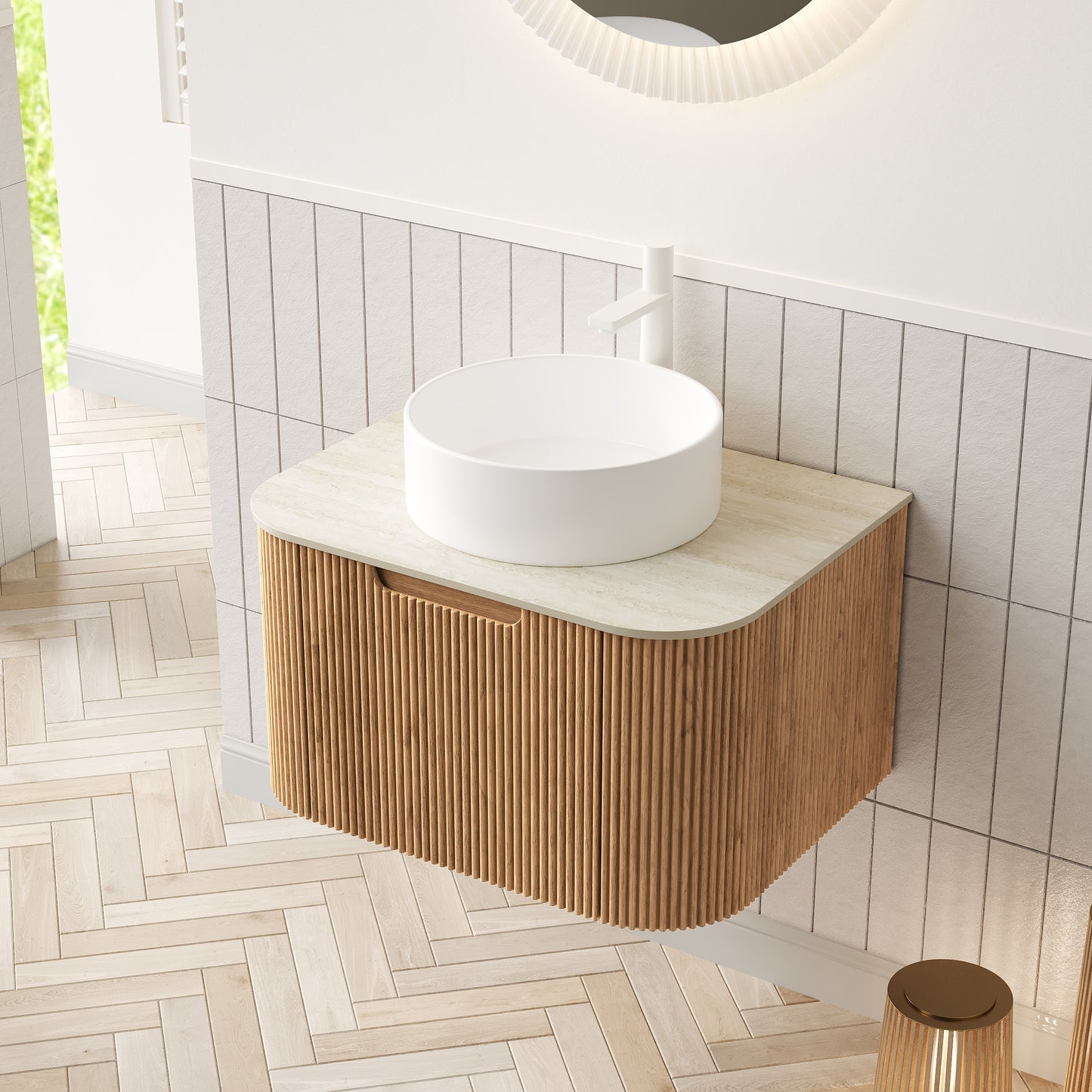 DINA Bathroom Vanity&Sinks, Floating Curved Edges Striped Storage Cabinet, Natural Woodgrain