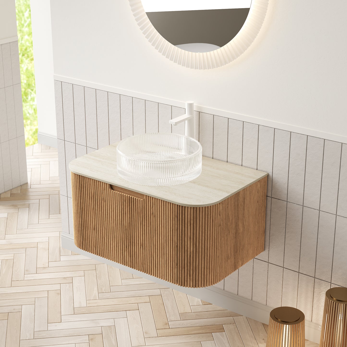 DINA Bathroom Vanity&Sinks, Floating Curved Edges Striped Storage Cabinet, Natural Woodgrain
