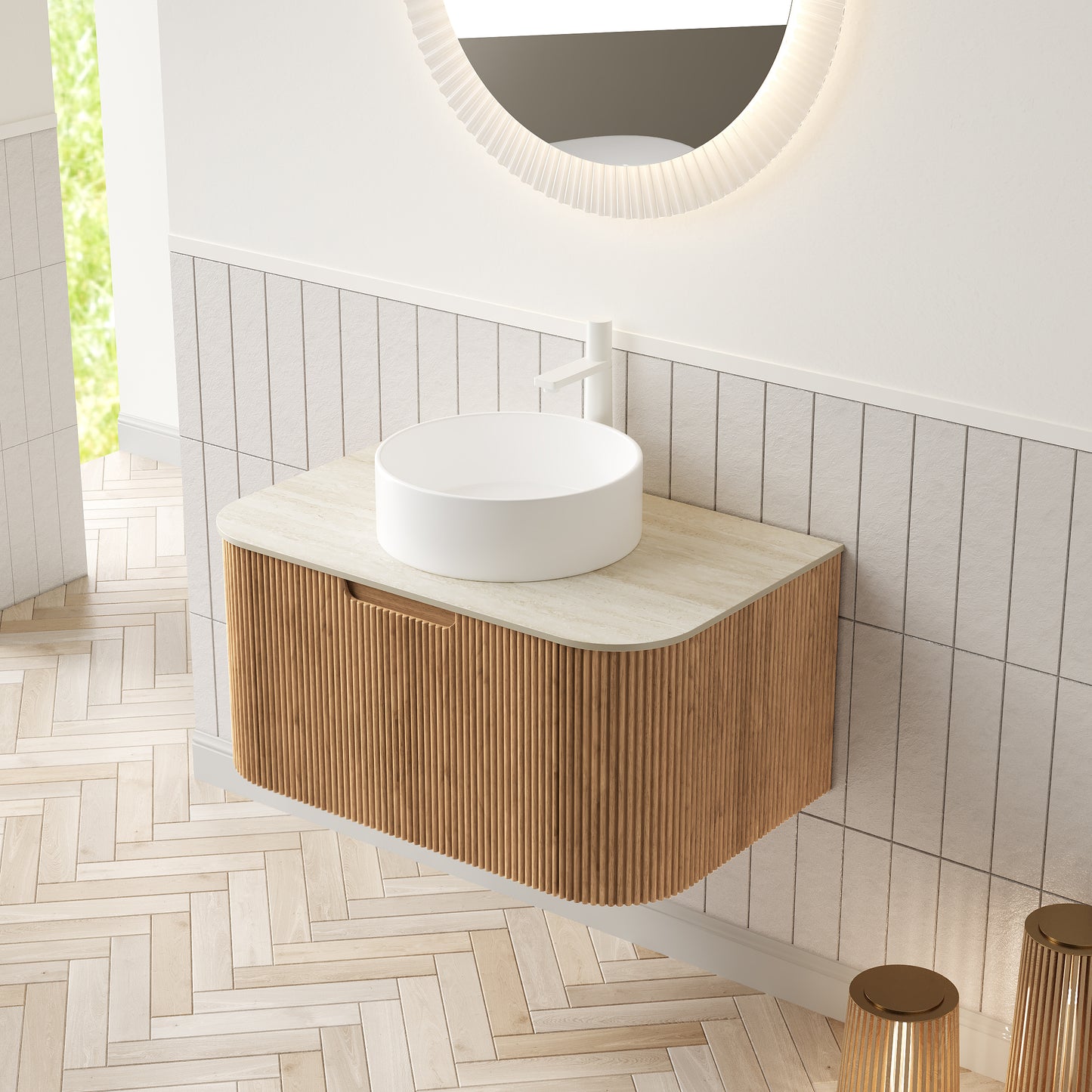 DINA Bathroom Vanity&Sinks, Floating Curved Edges Striped Storage Cabinet, Natural Woodgrain