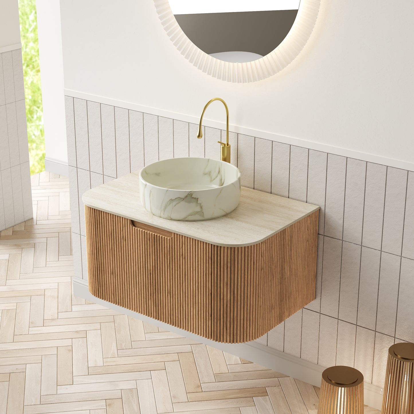 DINA Bathroom Vanity&Sinks, Floating Curved Edges Striped Storage Cabinet, Natural Woodgrain