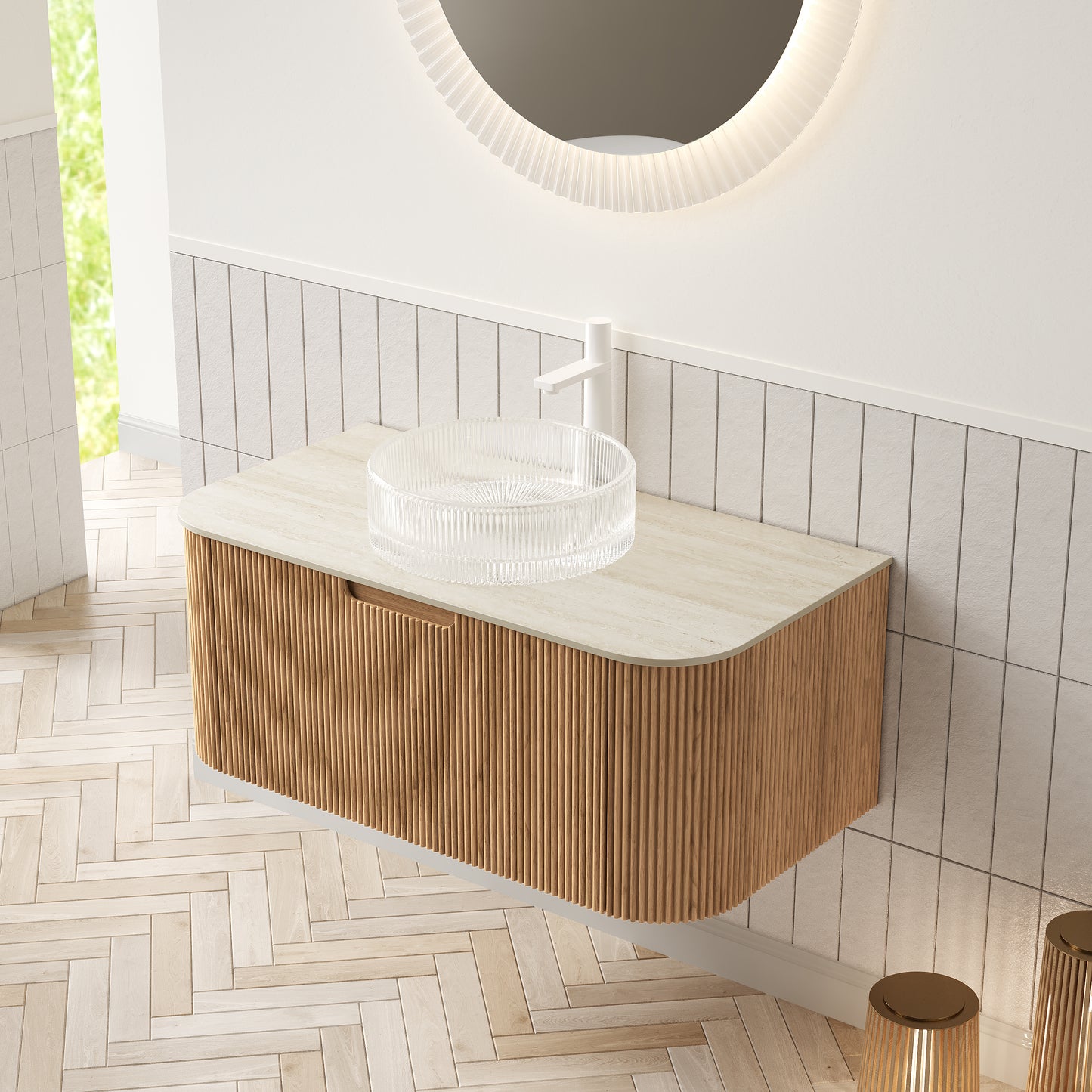 DINA Bathroom Vanity&Sinks, Floating Curved Edges Striped Storage Cabinet, Natural Woodgrain