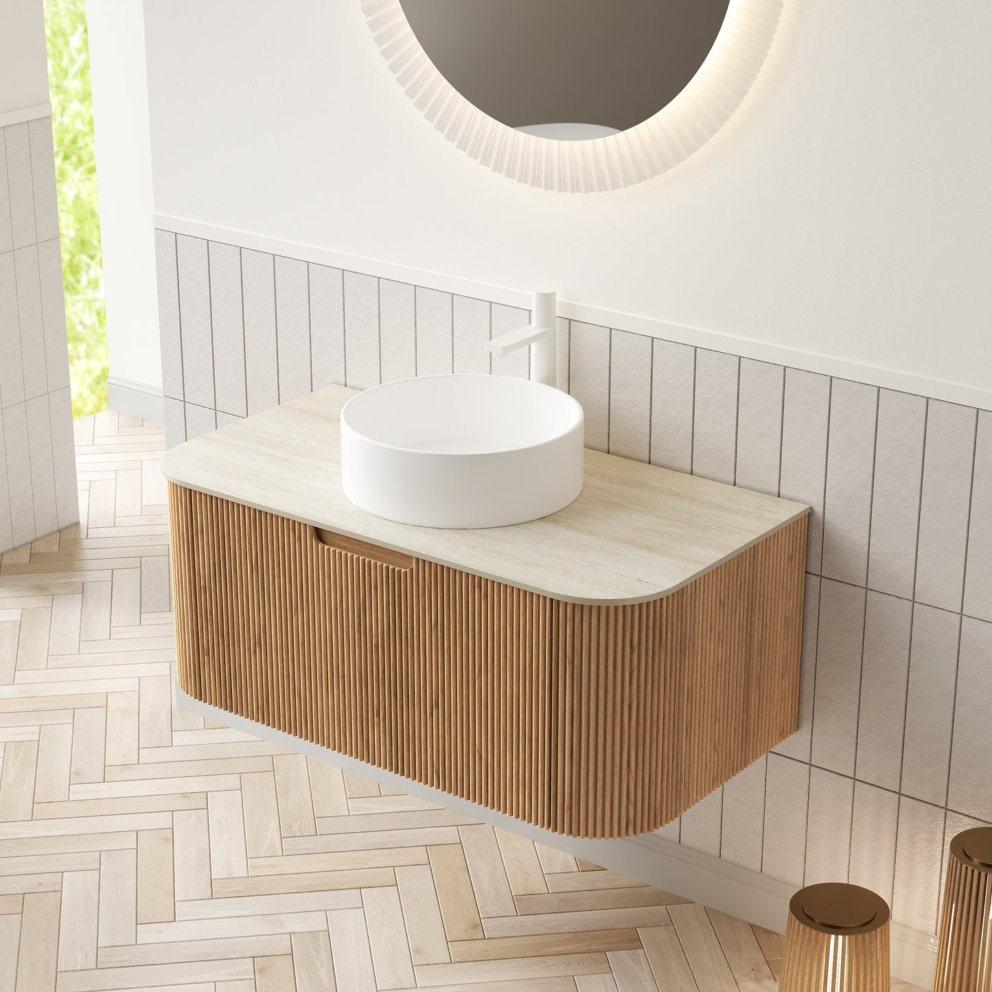 DINA Bathroom Vanity&Sinks, Floating Curved Edges Striped Storage Cabinet, Natural Woodgrain