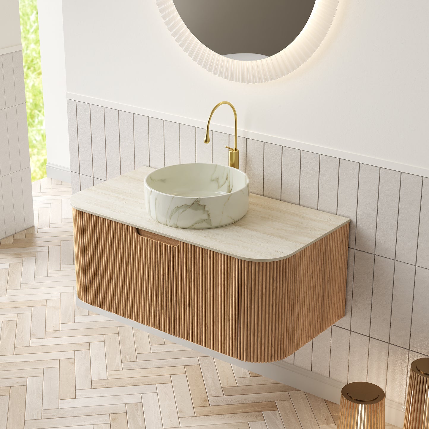 DINA Bathroom Vanity&Sinks, Floating Curved Edges Striped Storage Cabinet, Natural Woodgrain