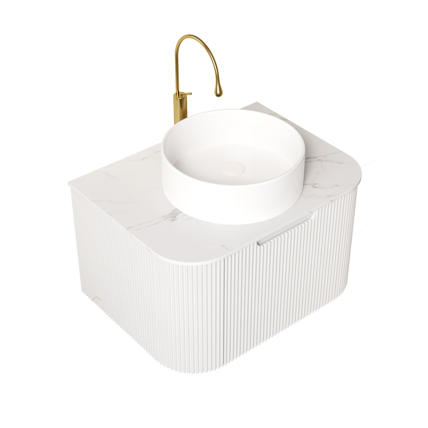 DINA 24" Bathroom Vanity&Sink, Floating Curved Edges Striped Plywood Storage Bathroom Cabinet with Drawer, White Round Ceramic Basin& Carrara White Sintered Stone Top, Pre-assembled, White (New SKU)