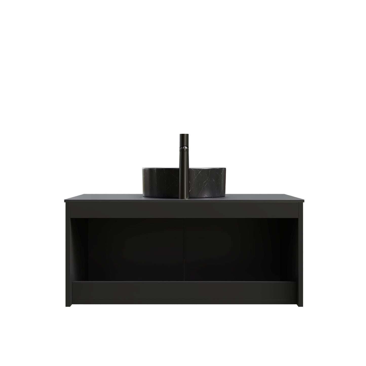 RUBEN 36" Bathroom Vanity&Sink, Wall-Mounted Floating Plywood Storage Cabinet, Twill Double Doors with Metal Trim, Transparent Black Round Glass Basin&Black Sintered Stone Top, Black