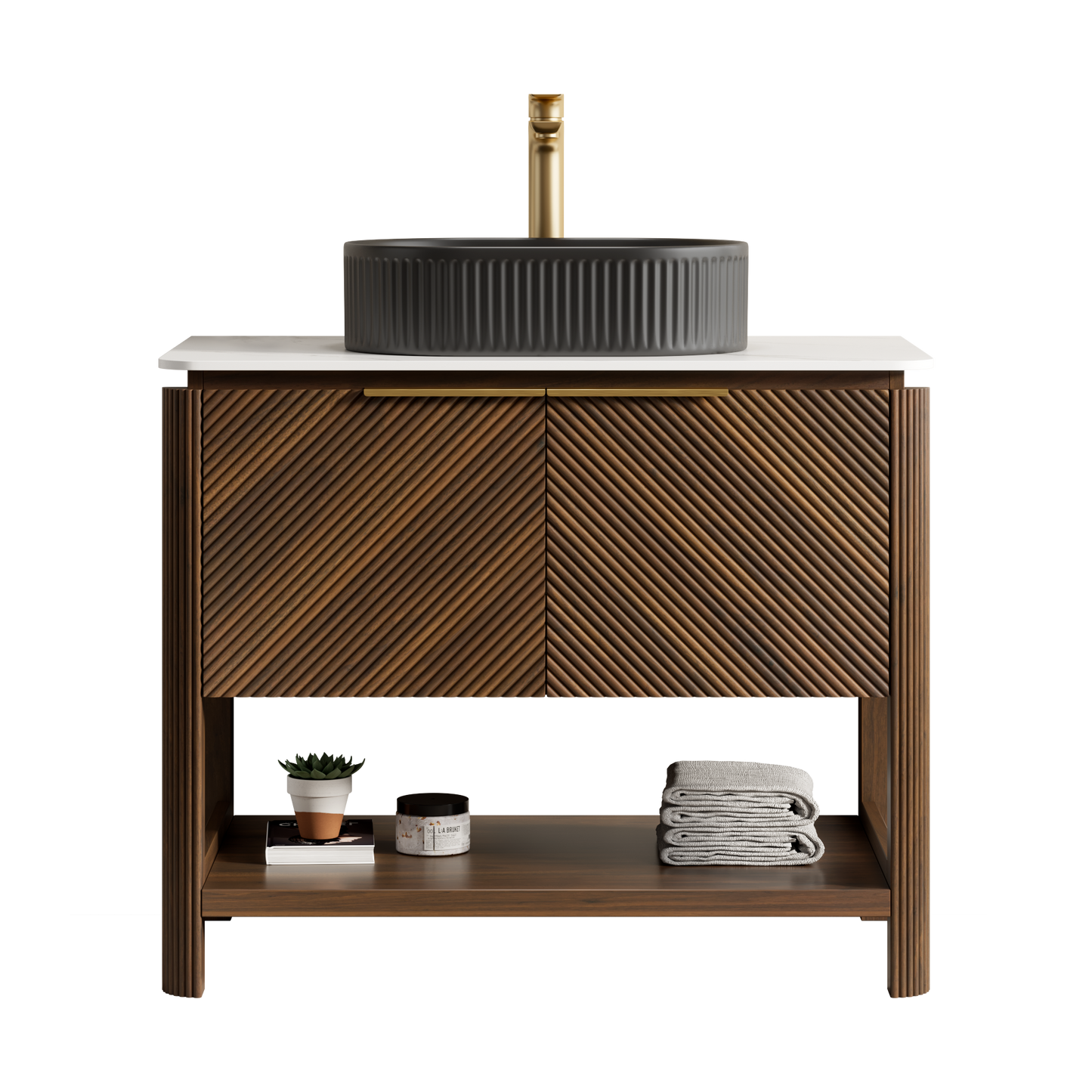 INDIGO 36" Bathroom Vanity&Sink, Freestanding Plywood Storage Cabinet with 2 Diagonal Striped Doors&Open Shelf, Black Striped Oval Ceramic Basin&Carrara White Sintered Stone Top, Dark Walnut Woodgrain
