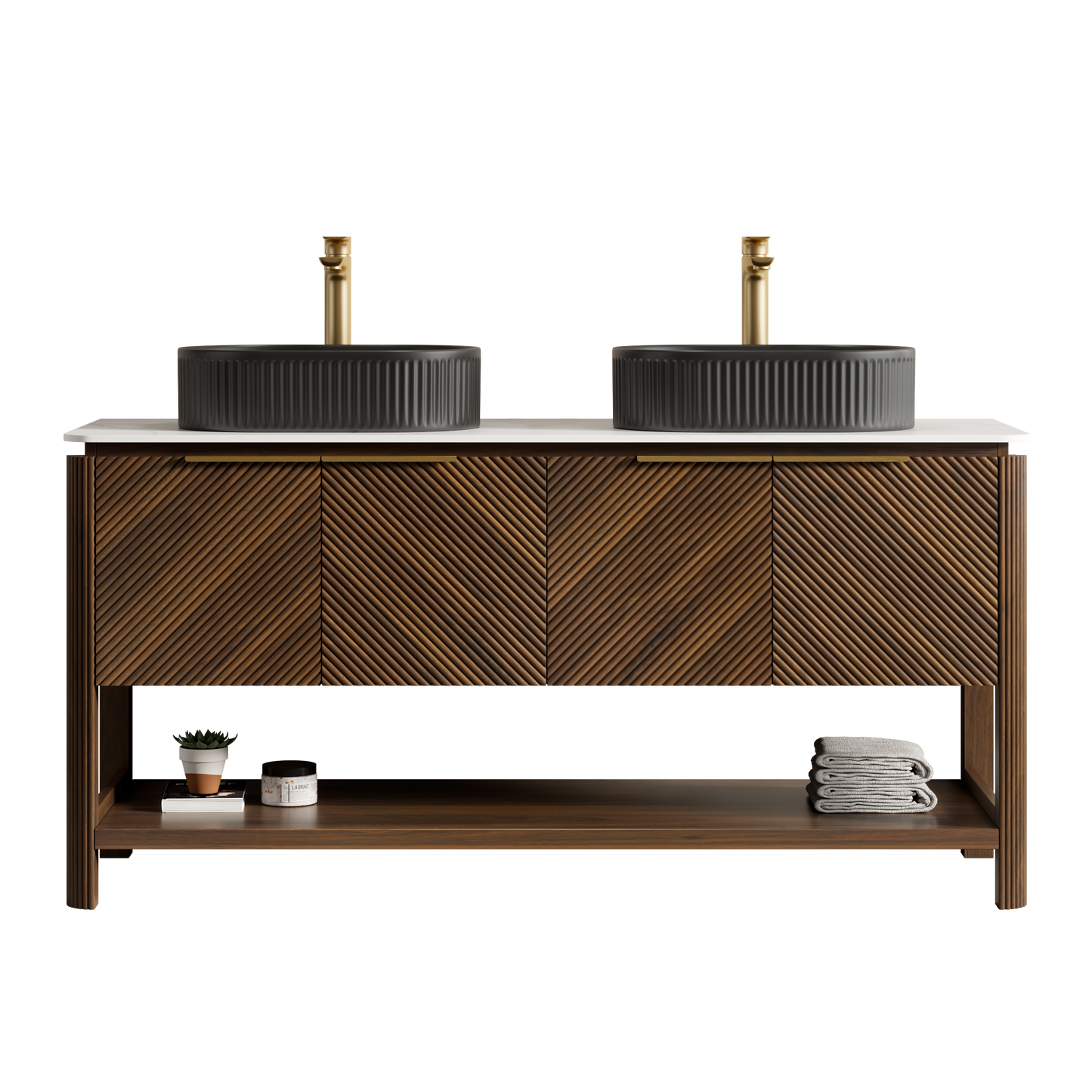 INDIGO 36" Bathroom Vanity&Sink, Freestanding Plywood Storage Cabinet with 2 Diagonal Striped Doors&Open Shelf, Black Striped Oval Ceramic Basin&Carrara White Sintered Stone Top, Dark Walnut Woodgrain
