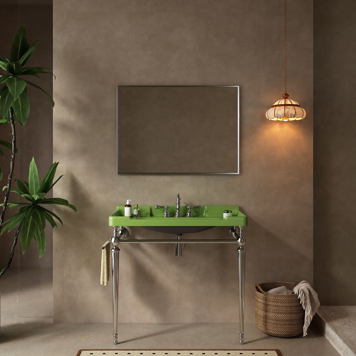 VICI 36" Bathroom Console Sink, Wall-Mounted Green Ceramic Vanity Basin with 3 Pre-drilled Faucet Holes, Freestanding Stainless Steel Support Legs with Towel Bar