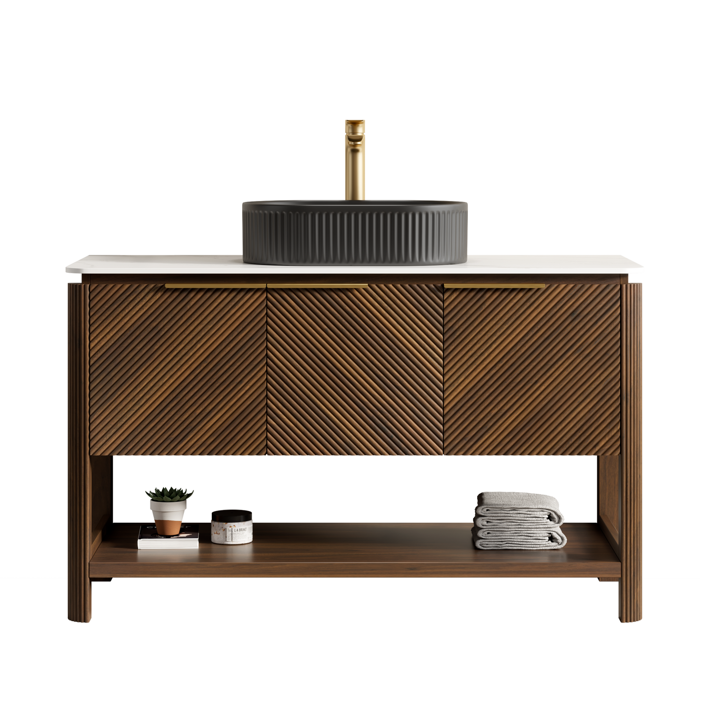 INDIGO 36" Bathroom Vanity&Sink, Freestanding Plywood Storage Cabinet with 2 Diagonal Striped Doors&Open Shelf, Black Striped Oval Ceramic Basin&Carrara White Sintered Stone Top, Dark Walnut Woodgrain