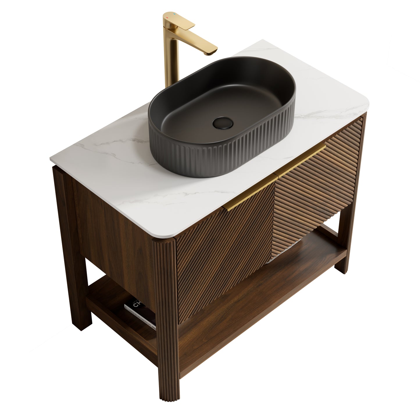 INDIGO 36" Bathroom Vanity&Sink, Freestanding Plywood Storage Cabinet with 2 Diagonal Striped Doors&Open Shelf, Black Striped Oval Ceramic Basin&Carrara White Sintered Stone Top, Dark Walnut Woodgrain