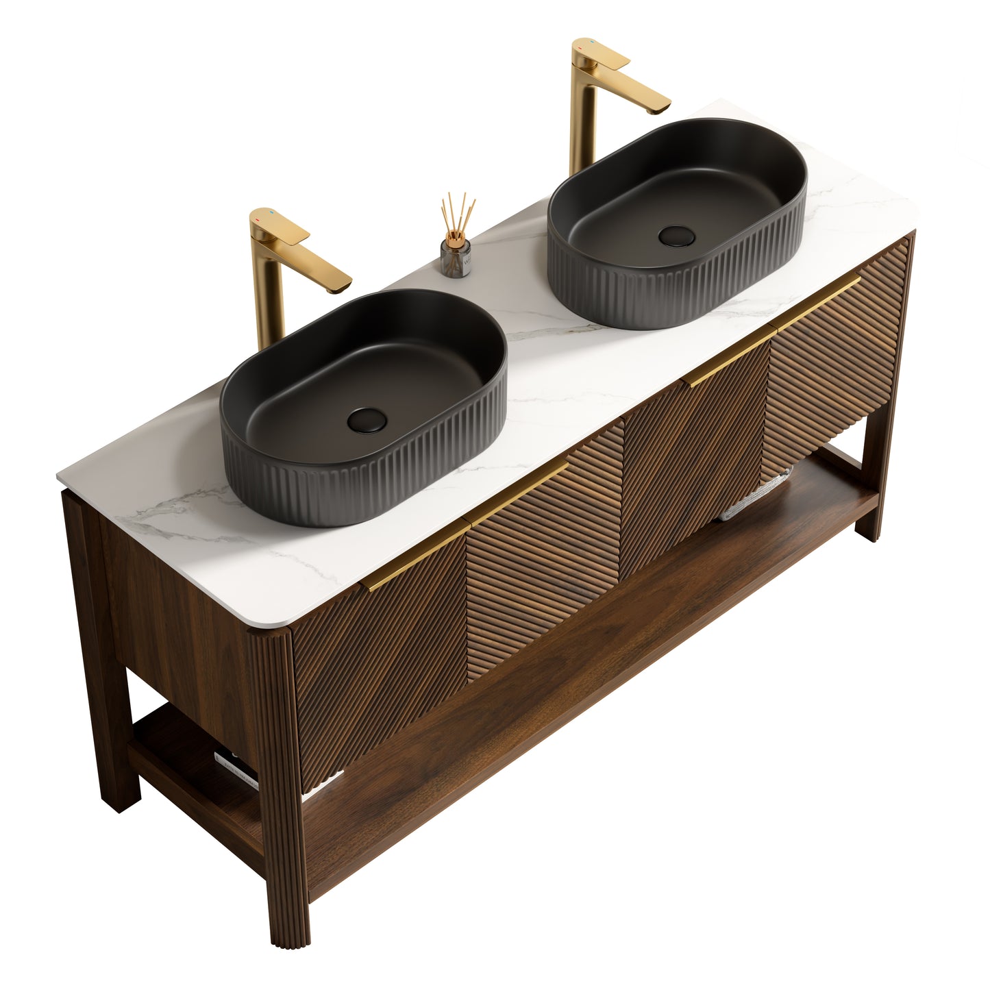 INDIGO 36" Bathroom Vanity&Sink, Freestanding Plywood Storage Cabinet with 2 Diagonal Striped Doors&Open Shelf, Black Striped Oval Ceramic Basin&Carrara White Sintered Stone Top, Dark Walnut Woodgrain