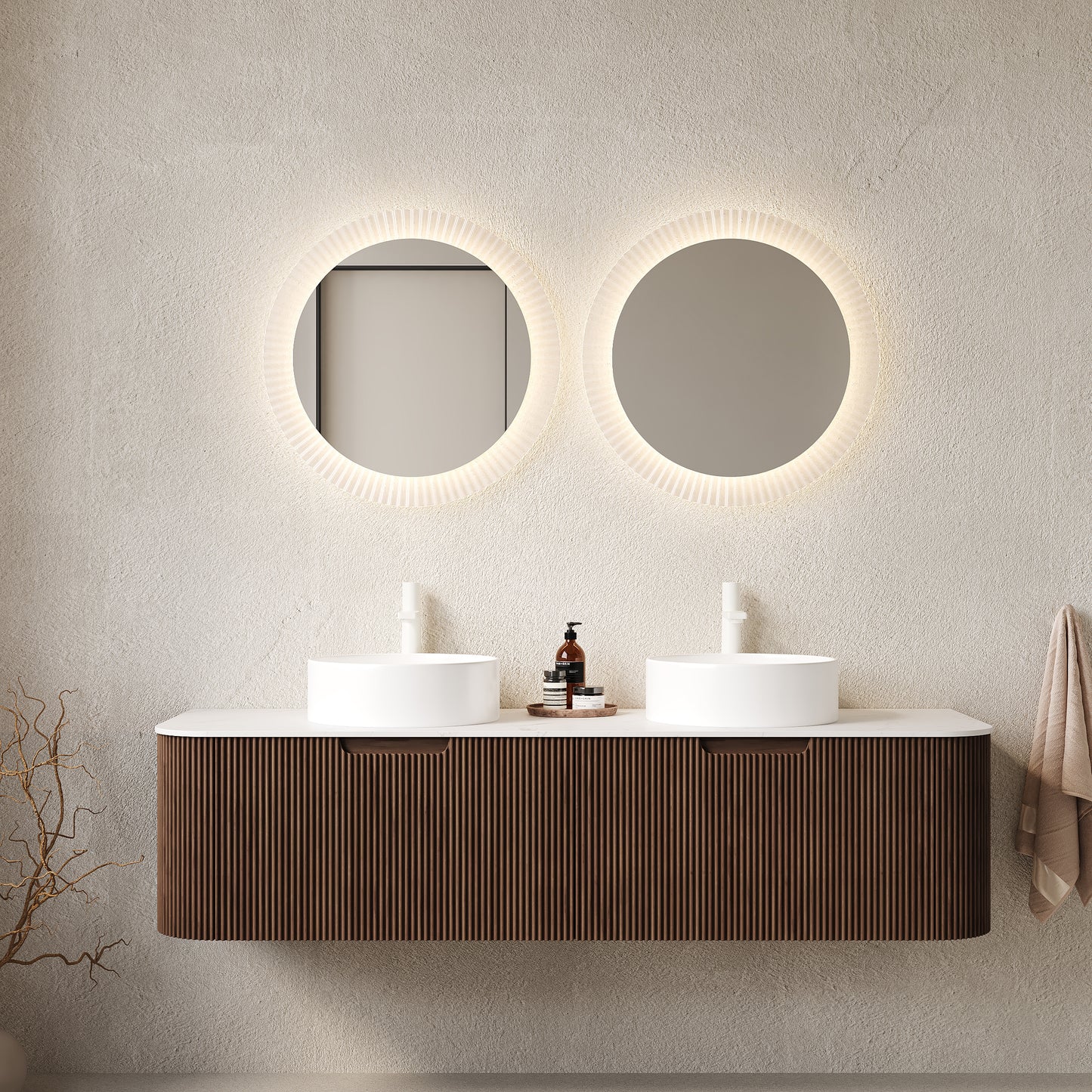 DINA Bathroom Vanity with Sink, Wall-Mounted Curved Edges Striped Bathroom Storage Cabinet Walnut Woodgrain Color