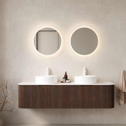 DINA Bathroom Vanity with Sink, Wall-Mounted Curved Edges Striped Bathroom Storage Cabinet Walnut Woodgrain Color