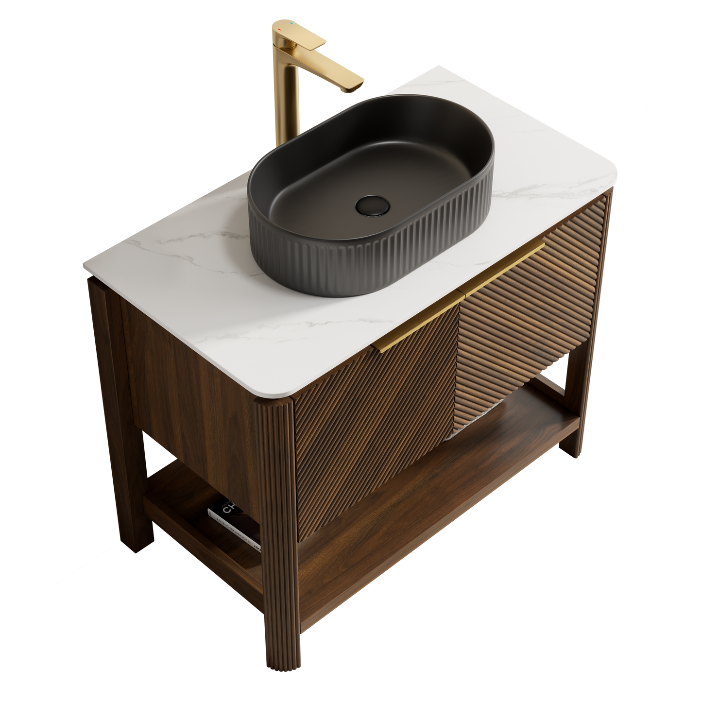 INDIGO 36" Bathroom Vanity&Sink, Freestanding Plywood Storage Cabinet with 2 Diagonal Striped Doors&Open Shelf, Black Striped Oval Ceramic Basin&Carrara White Sintered Stone Top, Dark Walnut Woodgrain