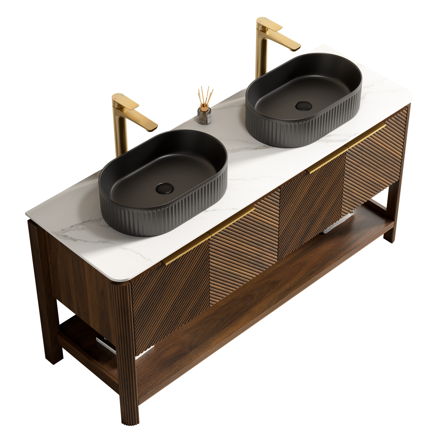 INDIGO 36" Bathroom Vanity&Sink, Freestanding Plywood Storage Cabinet with 2 Diagonal Striped Doors&Open Shelf, Black Striped Oval Ceramic Basin&Carrara White Sintered Stone Top, Dark Walnut Woodgrain