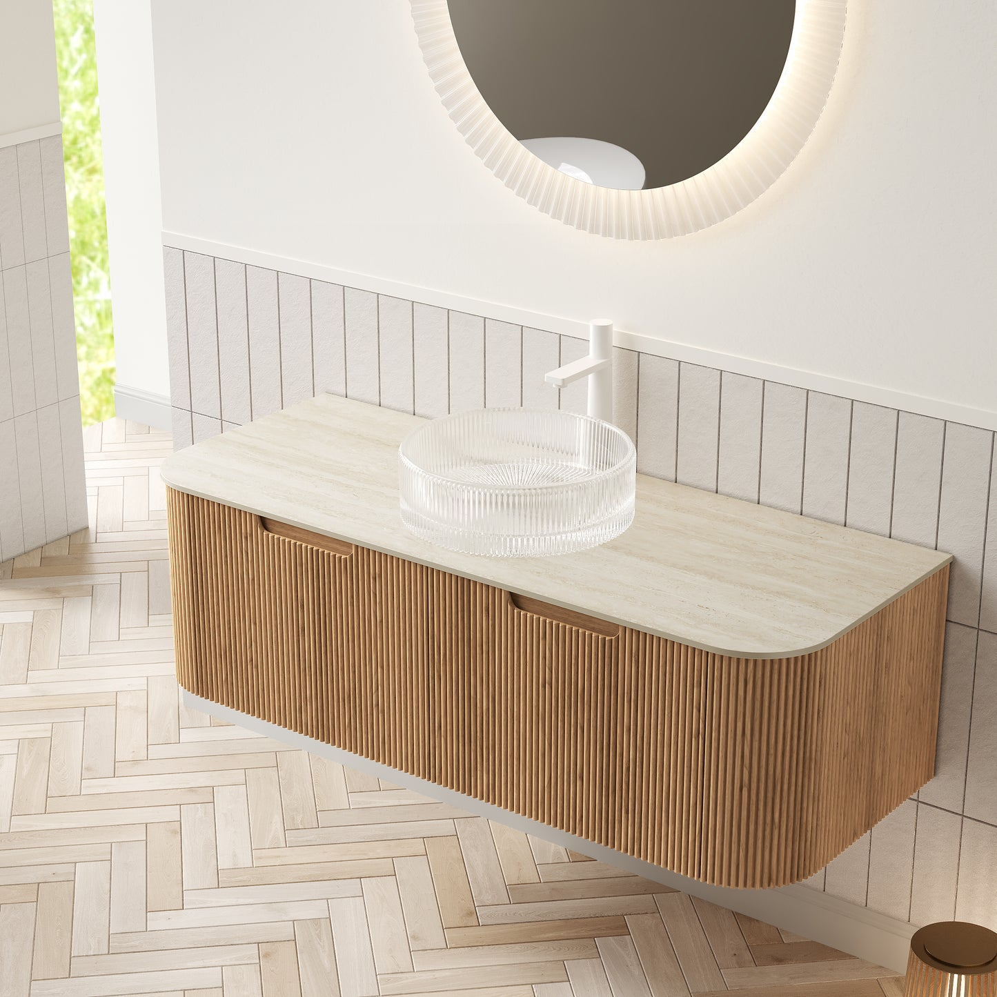 DINA Bathroom Vanity&Sinks, Floating Curved Edges Striped Storage Cabinet, Natural Woodgrain