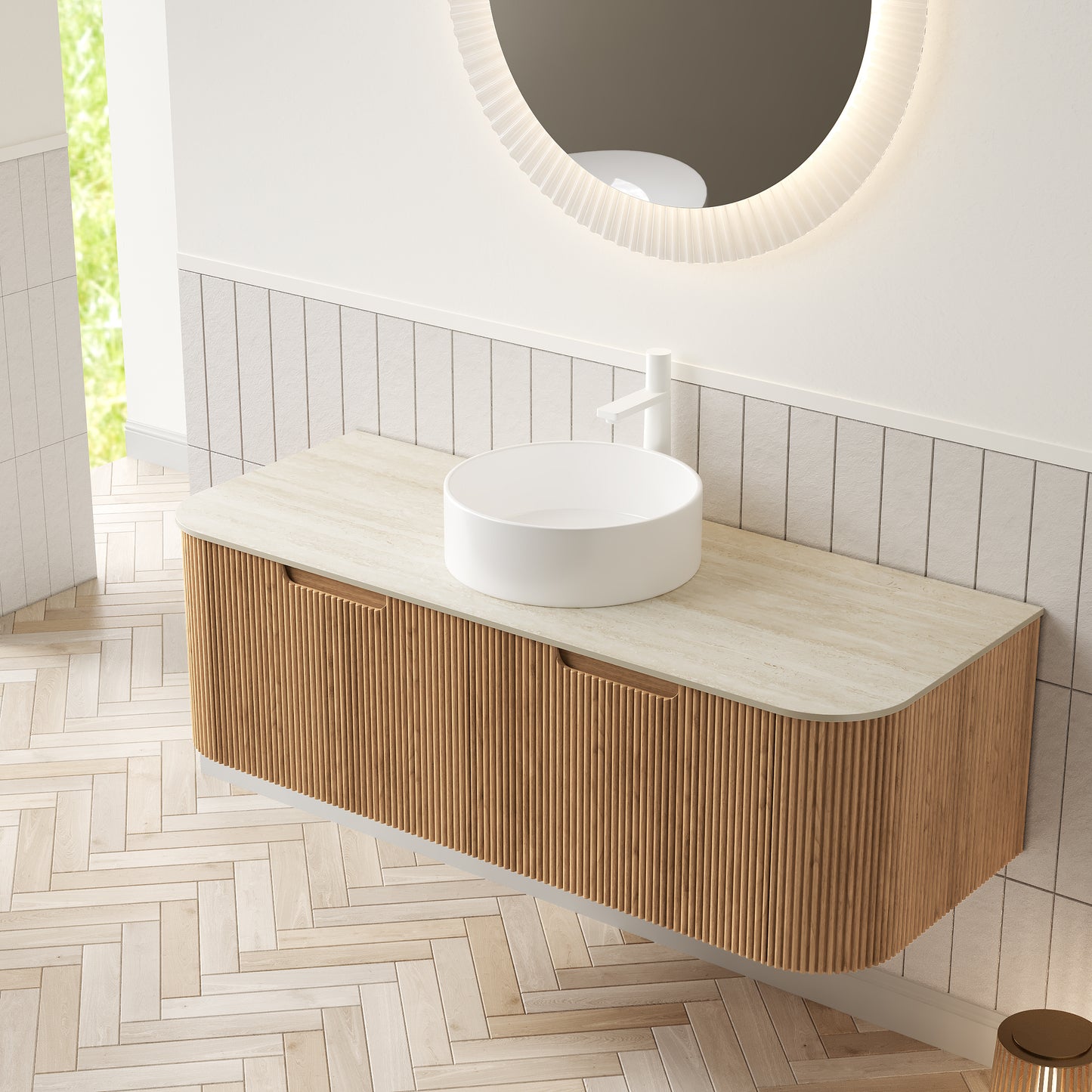 DINA Bathroom Vanity&Sinks, Floating Curved Edges Striped Storage Cabinet, Natural Woodgrain