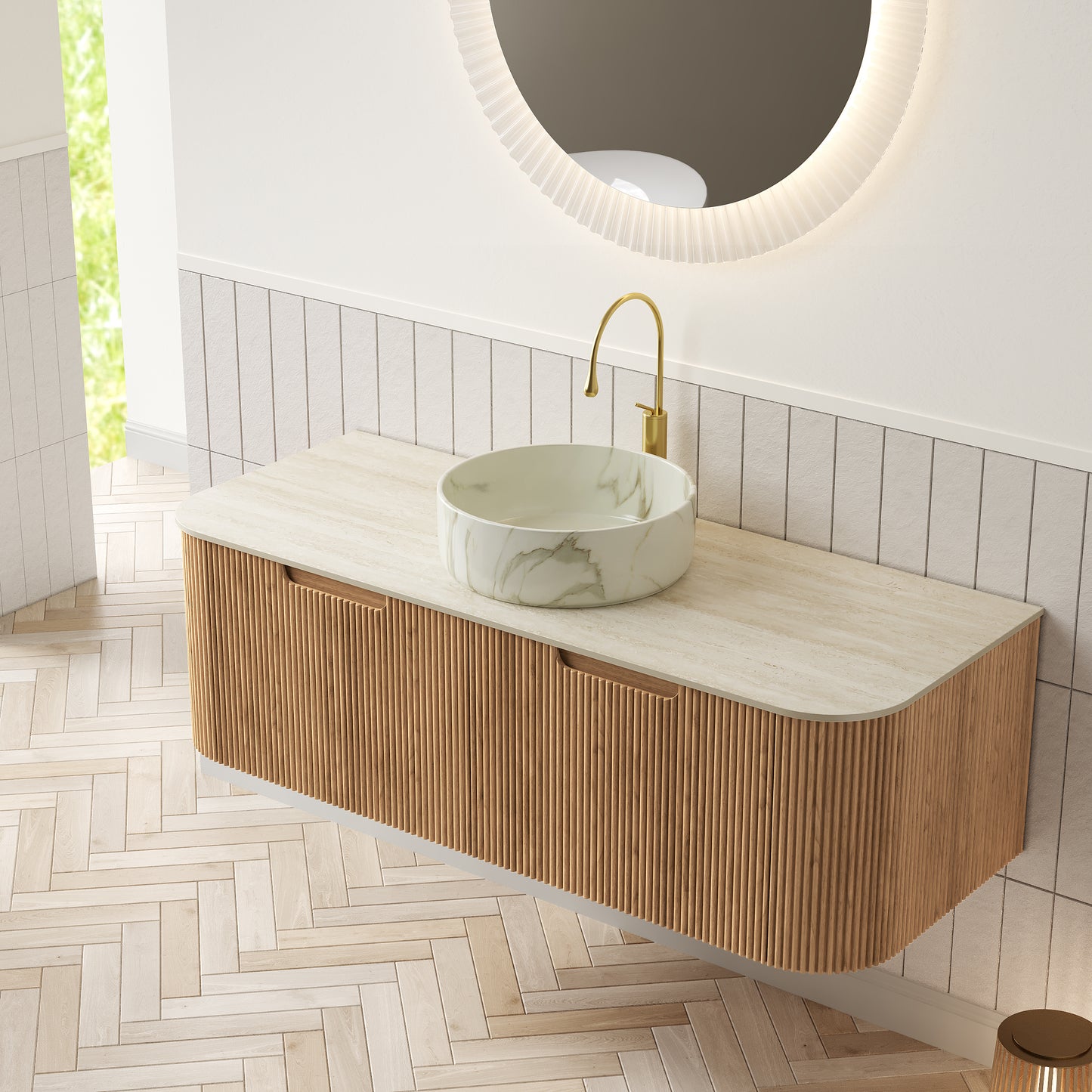 DINA Bathroom Vanity&Sinks, Floating Curved Edges Striped Storage Cabinet, Natural Woodgrain