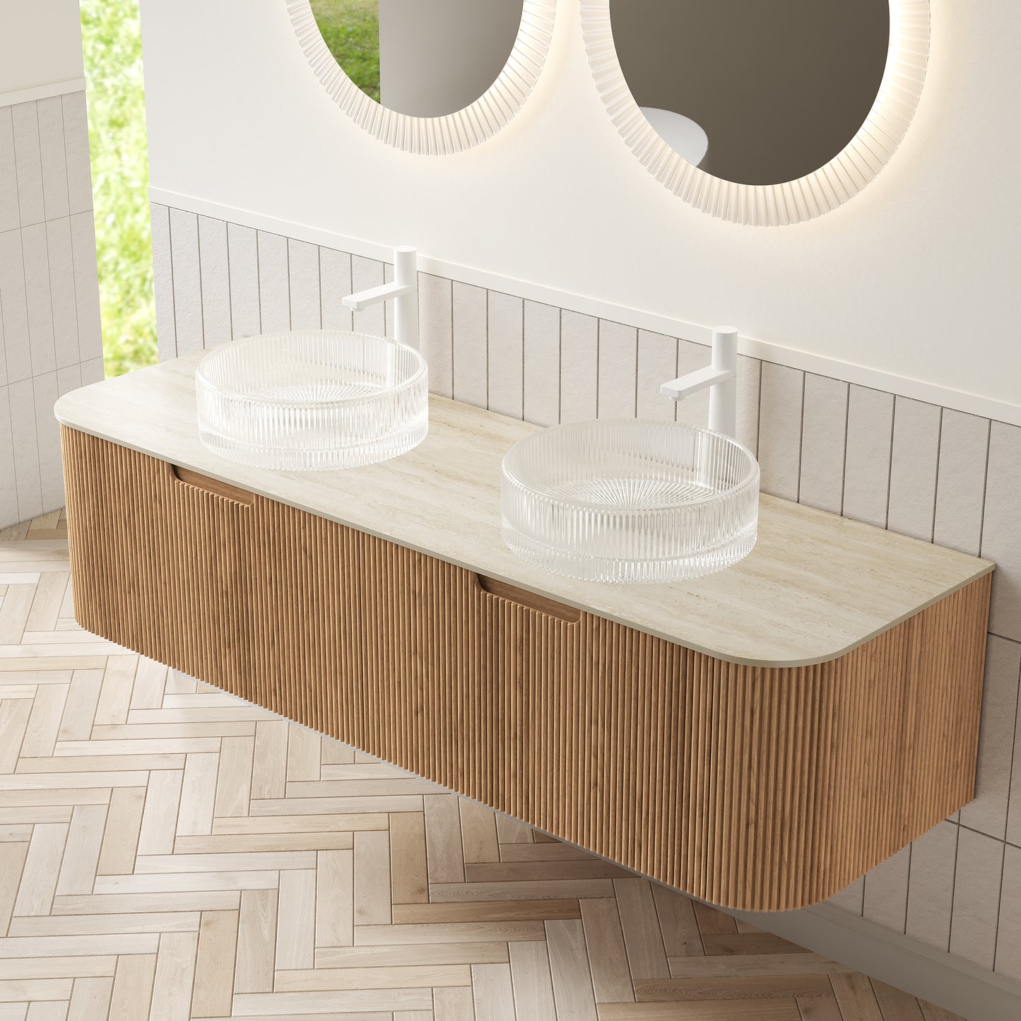 DINA Bathroom Vanity&Sinks, Floating Curved Edges Striped Storage Cabinet, Natural Woodgrain