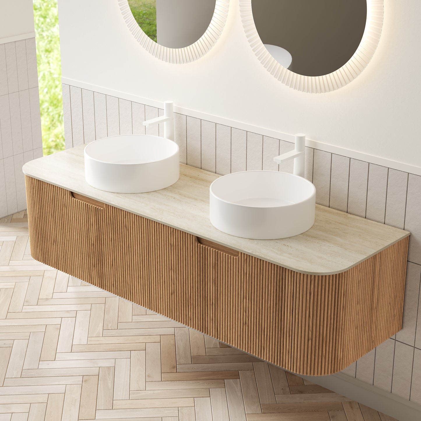 DINA Bathroom Vanity&Sinks, Floating Curved Edges Striped Storage Cabinet, Natural Woodgrain