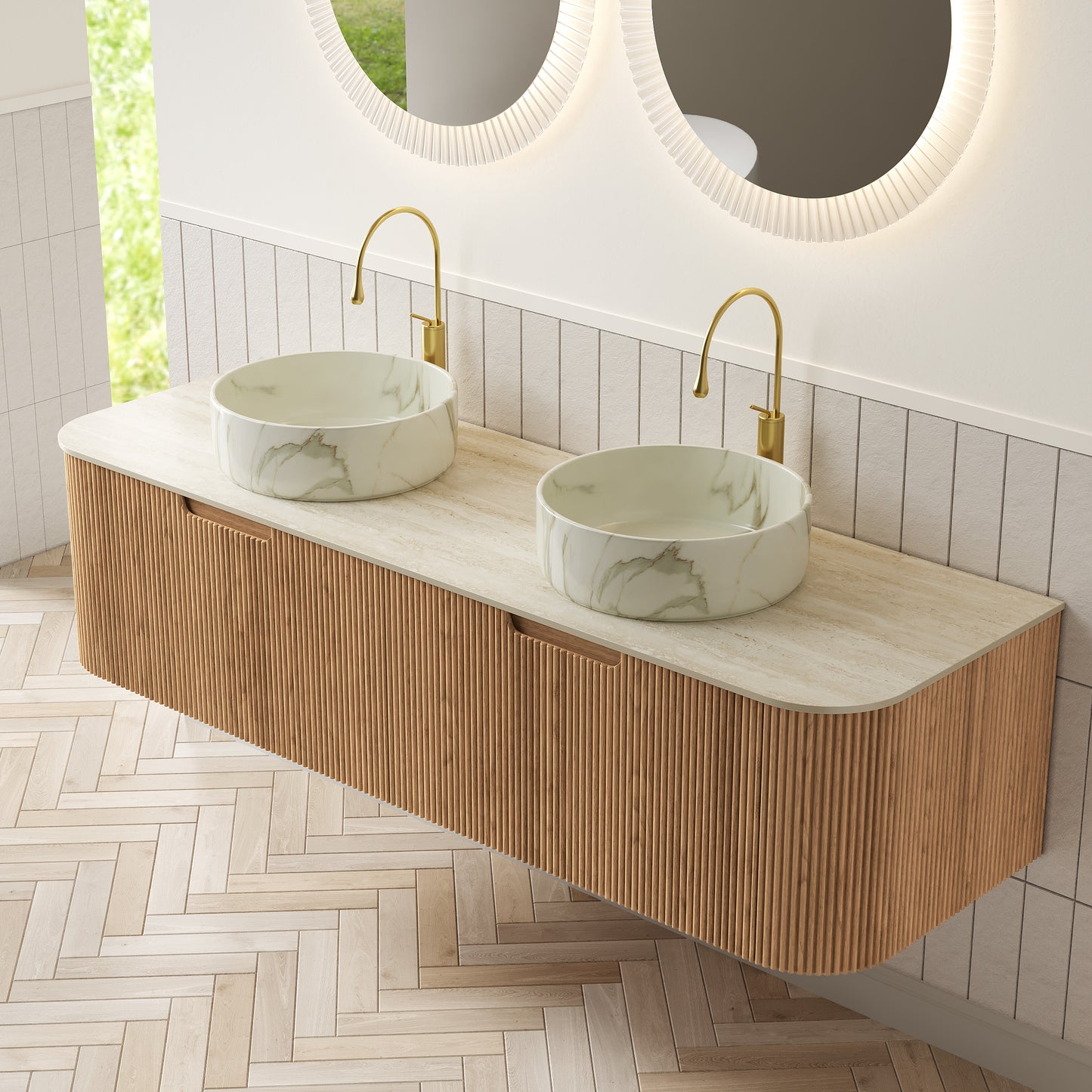 DINA Bathroom Vanity&Sinks, Floating Curved Edges Striped Storage Cabinet, Natural Woodgrain