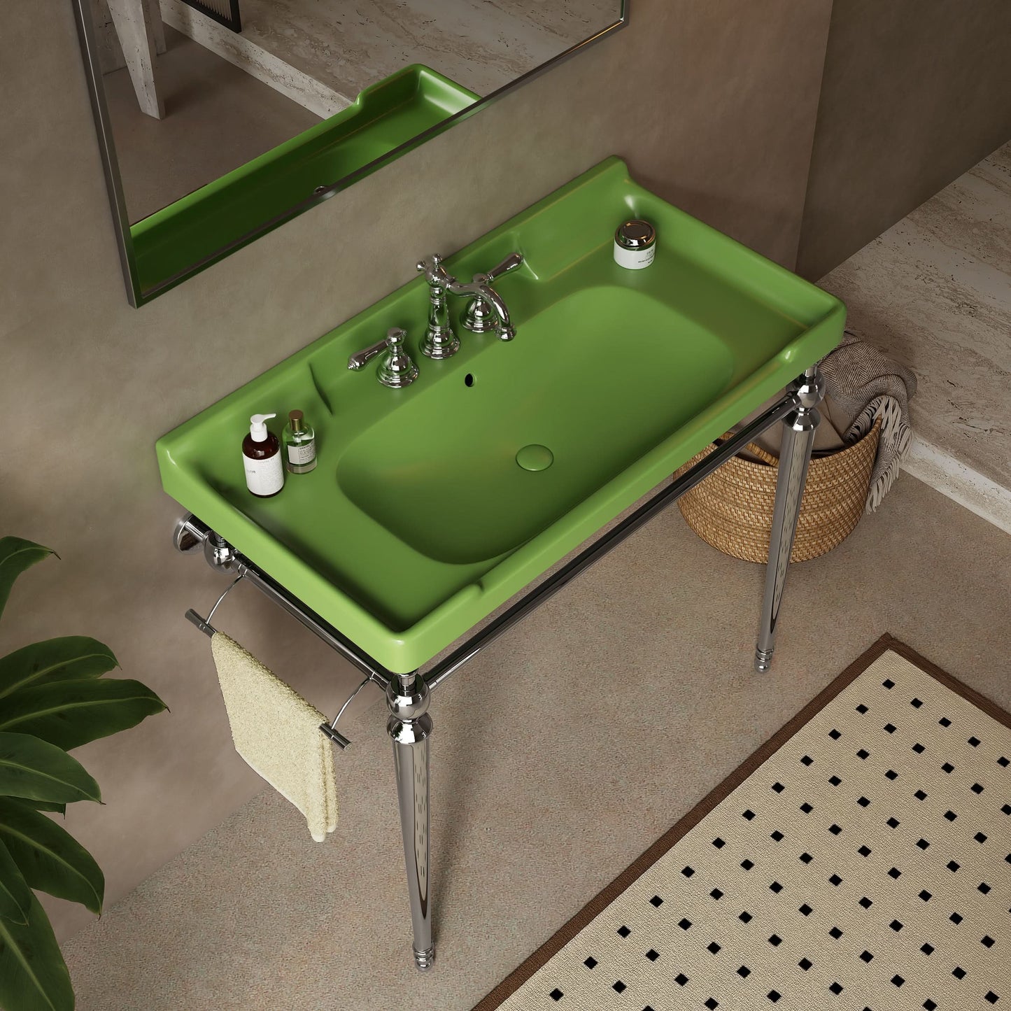 VICI 36" Bathroom Console Sink, Wall-Mounted Green Ceramic Vanity Basin with 3 Pre-drilled Faucet Holes, Freestanding Stainless Steel Support Legs with Towel Bar