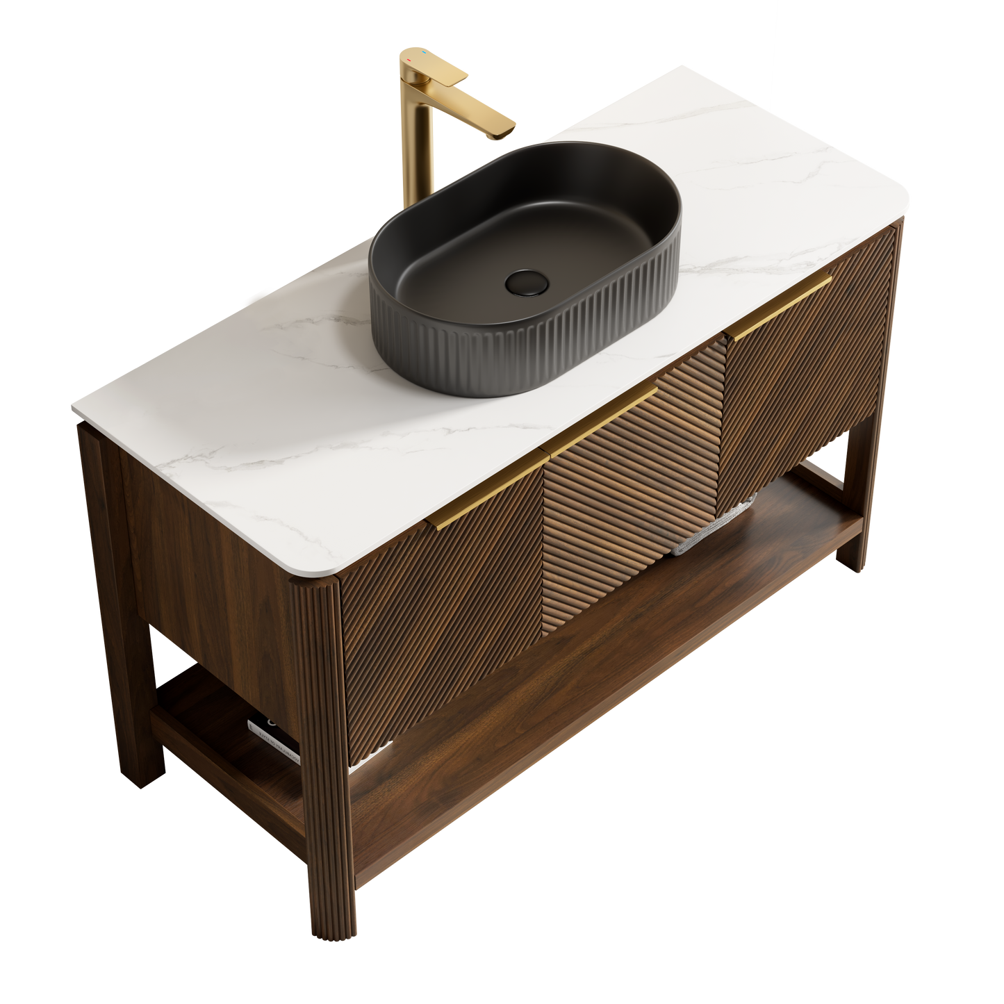 INDIGO 36" Bathroom Vanity&Sink, Freestanding Plywood Storage Cabinet with 2 Diagonal Striped Doors&Open Shelf, Black Striped Oval Ceramic Basin&Carrara White Sintered Stone Top, Dark Walnut Woodgrain
