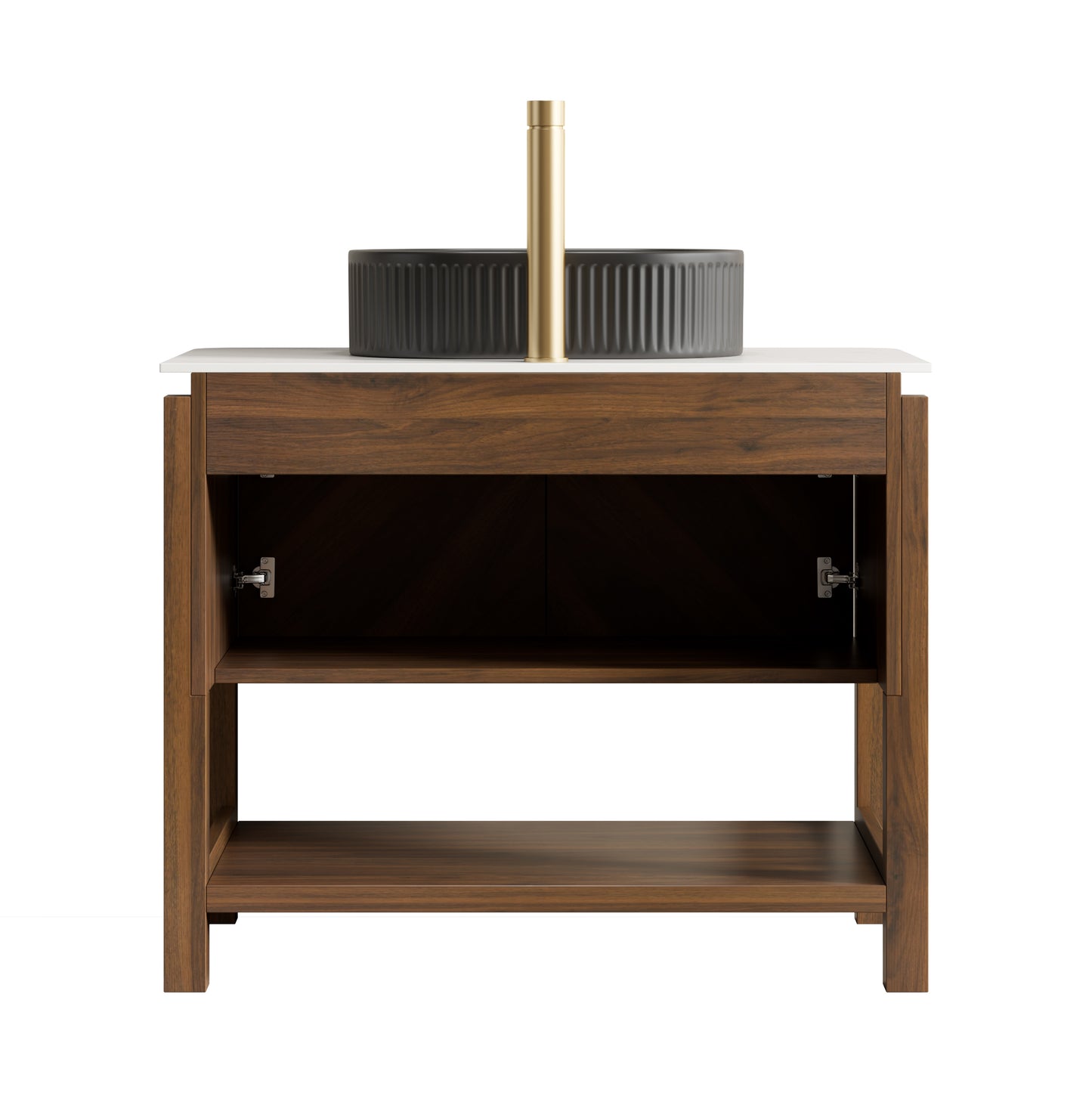 INDIGO 36" Bathroom Vanity&Sink, Freestanding Plywood Storage Cabinet with 2 Diagonal Striped Doors&Open Shelf, Black Striped Oval Ceramic Basin&Carrara White Sintered Stone Top, Dark Walnut Woodgrain