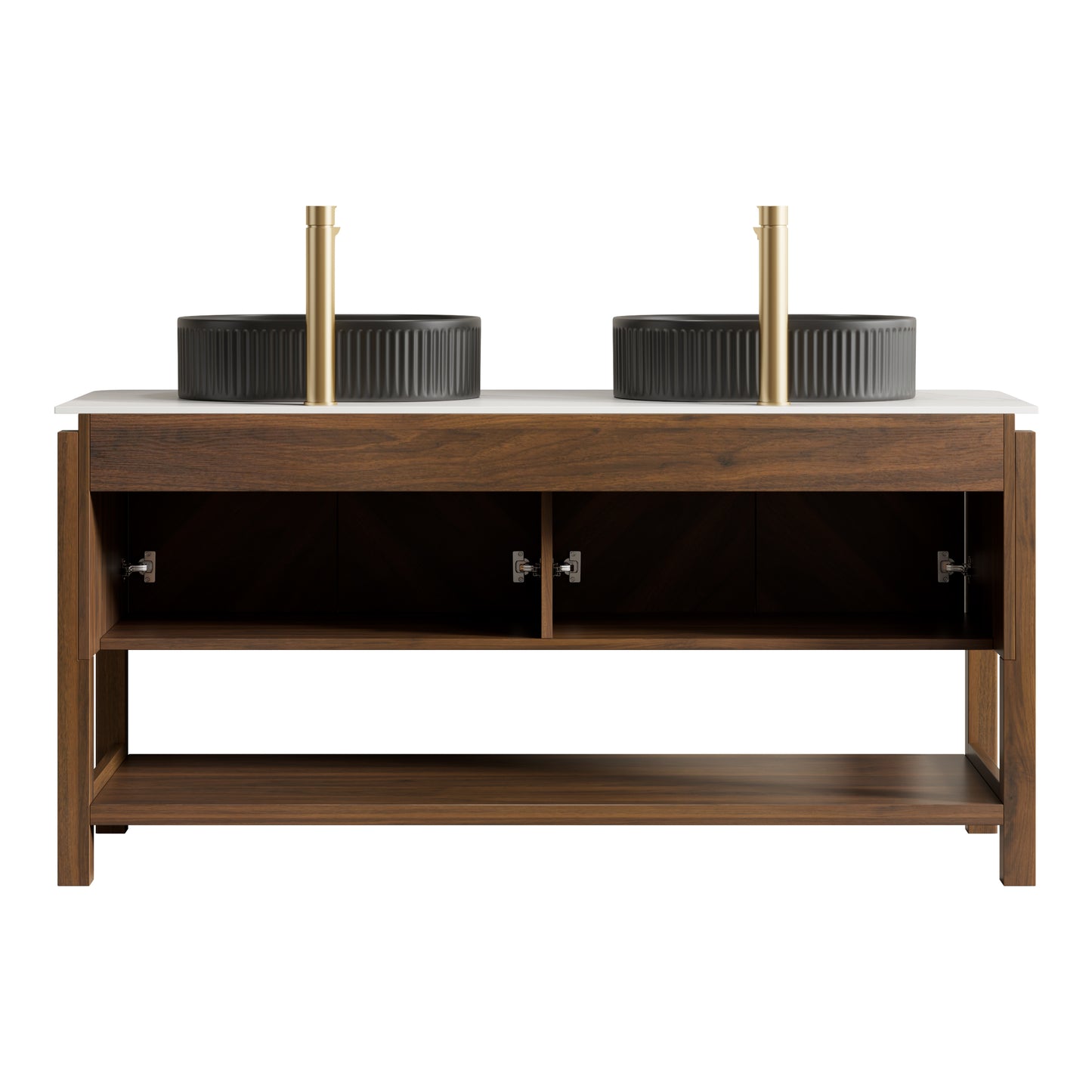 INDIGO 36" Bathroom Vanity&Sink, Freestanding Plywood Storage Cabinet with 2 Diagonal Striped Doors&Open Shelf, Black Striped Oval Ceramic Basin&Carrara White Sintered Stone Top, Dark Walnut Woodgrain