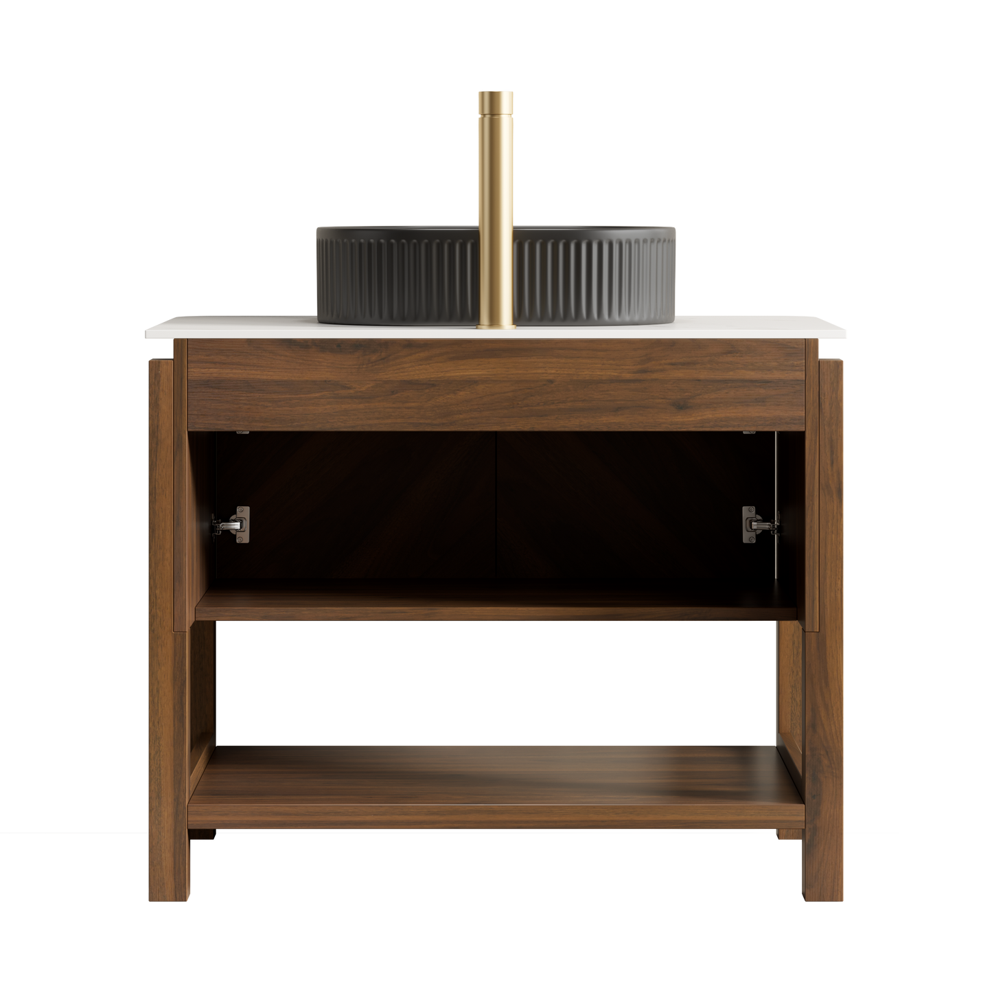 INDIGO 36" Bathroom Vanity&Sink, Freestanding Plywood Storage Cabinet with 2 Diagonal Striped Doors&Open Shelf, Black Striped Oval Ceramic Basin&Carrara White Sintered Stone Top, Dark Walnut Woodgrain