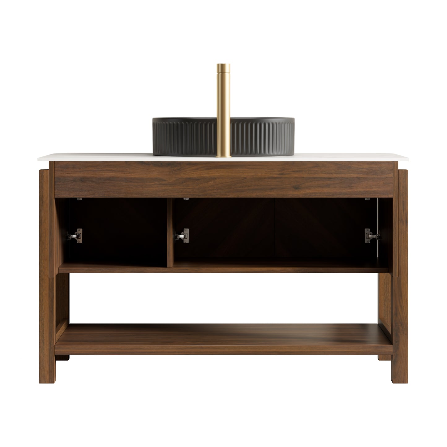 INDIGO 36" Bathroom Vanity&Sink, Freestanding Plywood Storage Cabinet with 2 Diagonal Striped Doors&Open Shelf, Black Striped Oval Ceramic Basin&Carrara White Sintered Stone Top, Dark Walnut Woodgrain