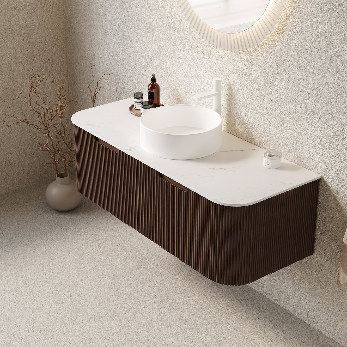 DINA Bathroom Vanity with Sink, Wall-Mounted Curved Edges Striped Bathroom Storage Cabinet Walnut Woodgrain Color