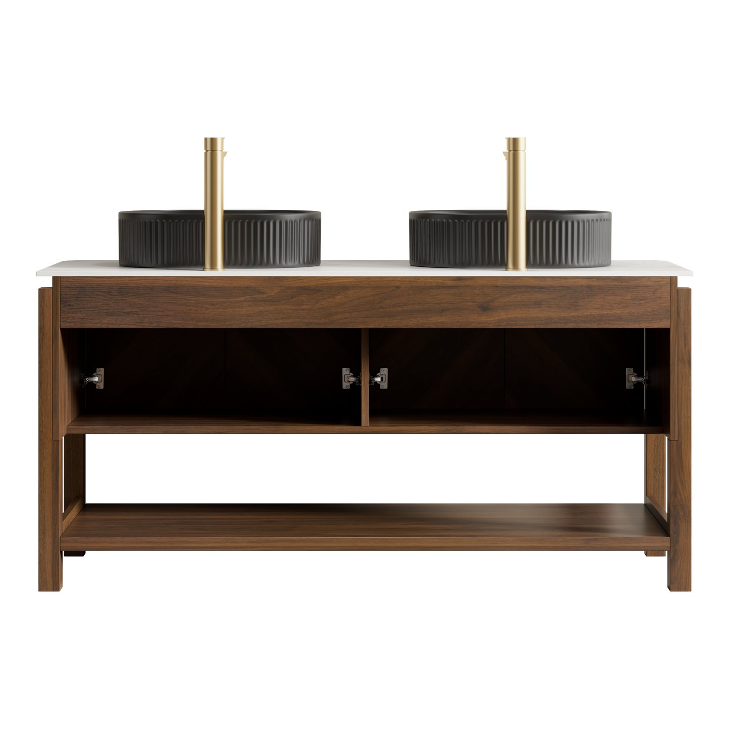 INDIGO 36" Bathroom Vanity&Sink, Freestanding Plywood Storage Cabinet with 2 Diagonal Striped Doors&Open Shelf, Black Striped Oval Ceramic Basin&Carrara White Sintered Stone Top, Dark Walnut Woodgrain