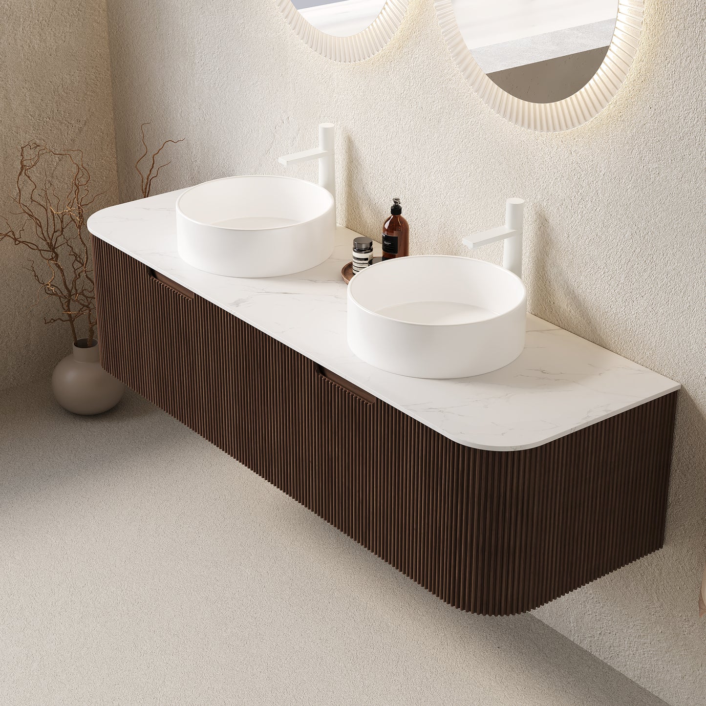 DINA Bathroom Vanity with Sink, Wall-Mounted Curved Edges Striped Bathroom Storage Cabinet Walnut Woodgrain Color