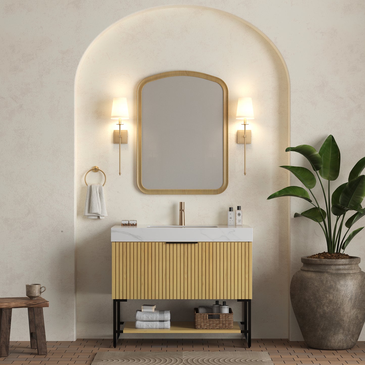 YOLAN 36" Badezimmer-Waschtisch und Waschbecken, freistehender gestreifter Sperrholz-Aufbewahrungsschrank mit Schublade und offenem Regal, Carrara-Weiß, Corolla-Eiche 