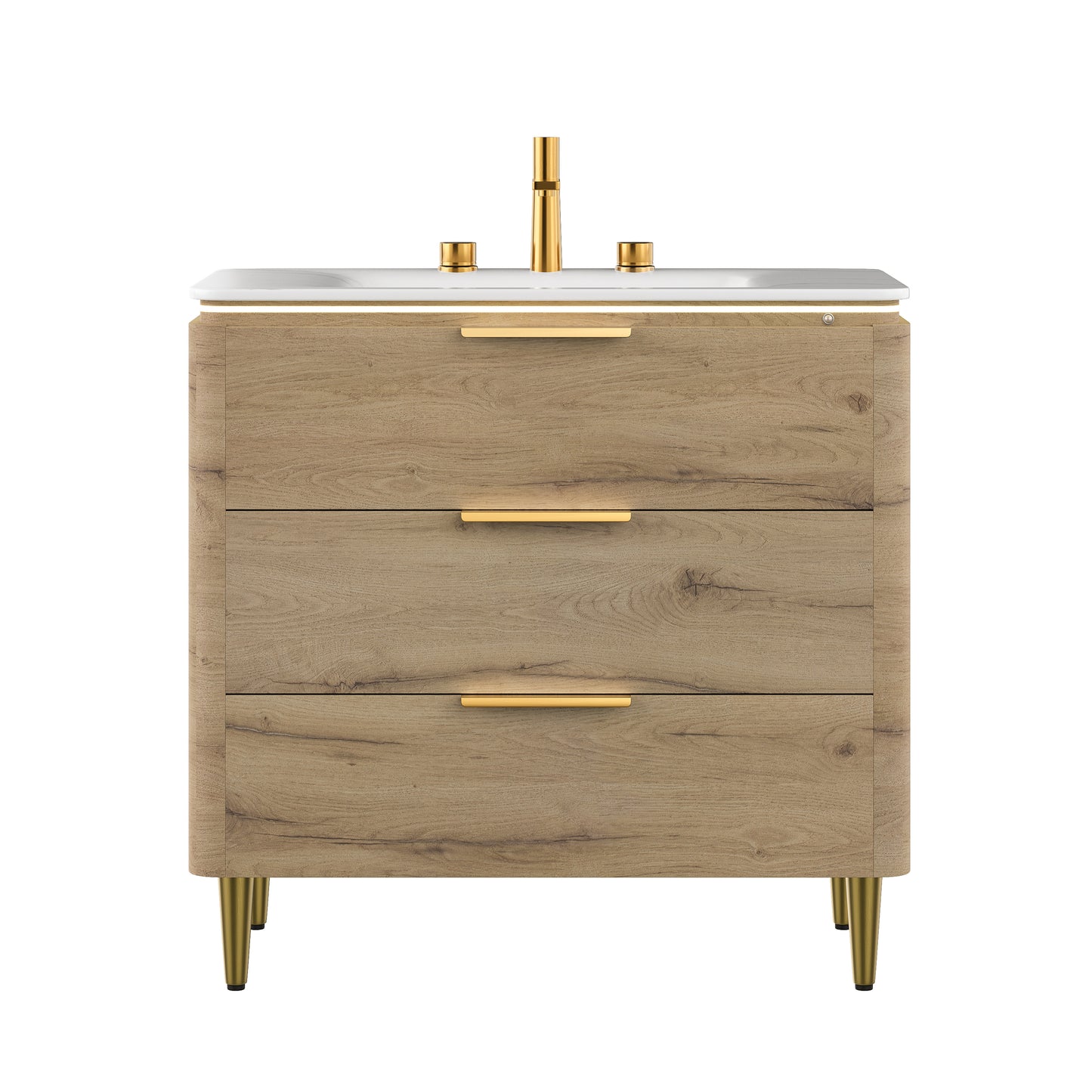 AMARA 36'' Bathroom Vanity with Sink, Freestanding Curved Edges Plywood Bathroom Storage Cabinet with 3 Drawers, Carrara White Sintered Stone Integrated Basin,