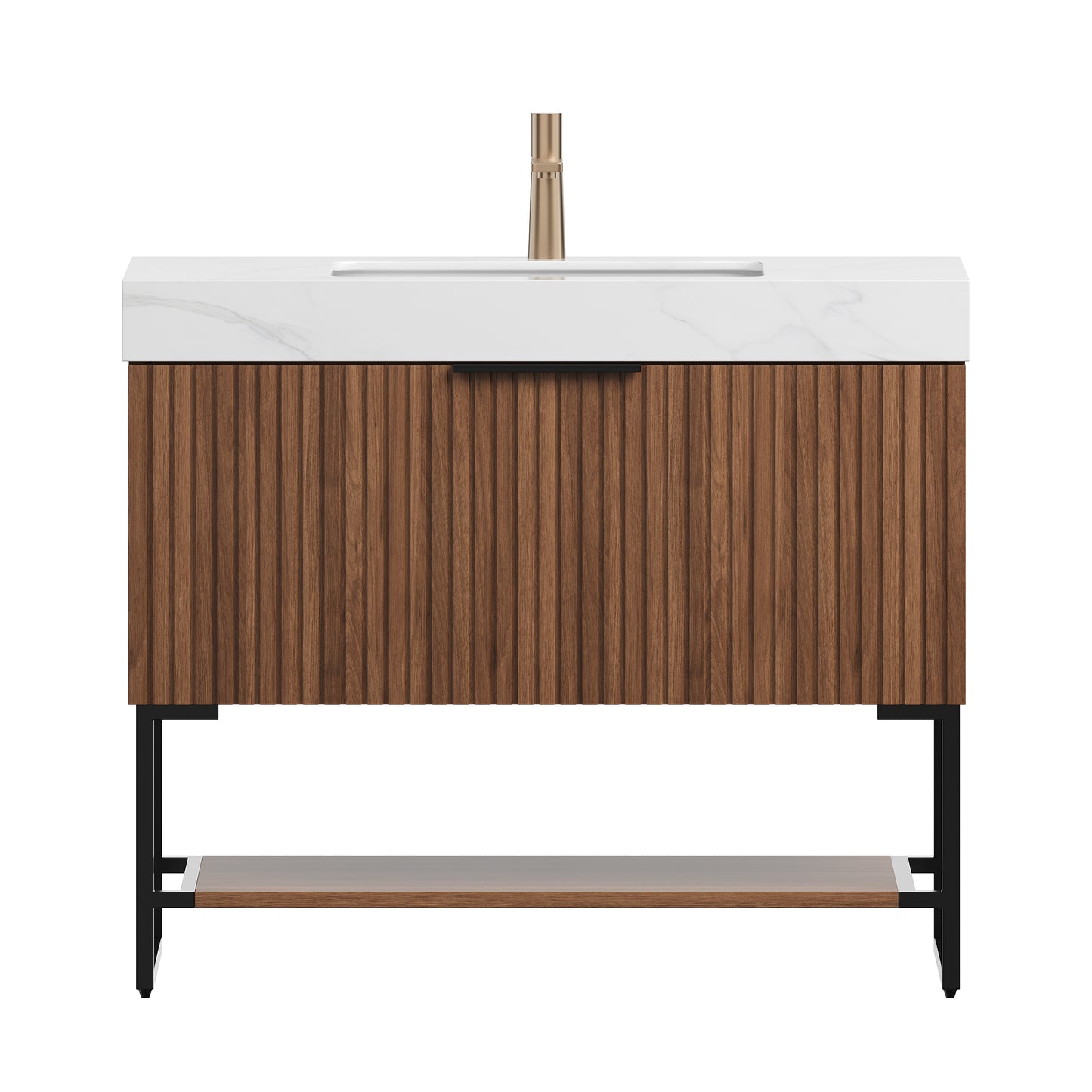 YOLAN 36" Badezimmer-Waschtisch und Waschbecken, freistehender gestreifter Sperrholz-Aufbewahrungsschrank mit Schublade und offenem Regal, Carrara-Weiß,