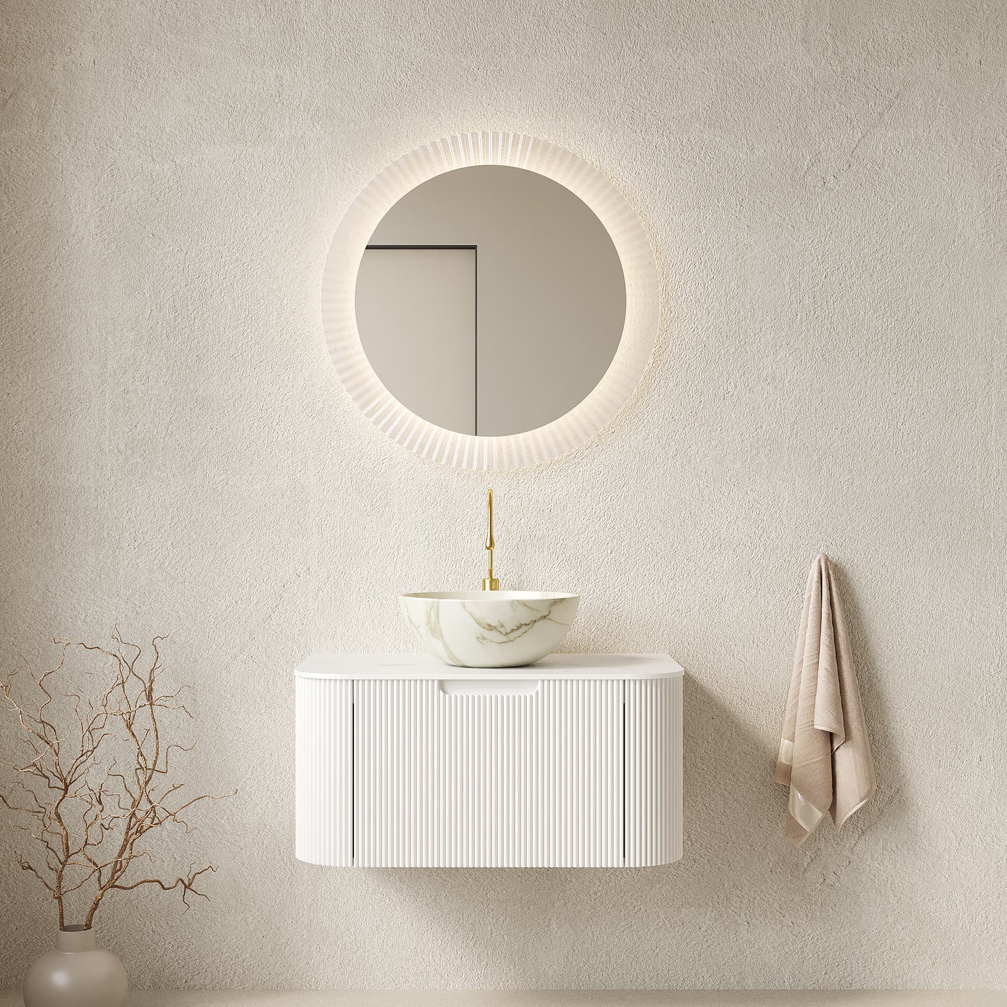 DINA 24" Bathroom Vanity&Sink, Floating Curved Edges Striped Storage Cabinet with Drawer, Matte Stone White Bowl Ceramic Basin&Carrara White Sintered Stone Top, Pre-assembled, White Color