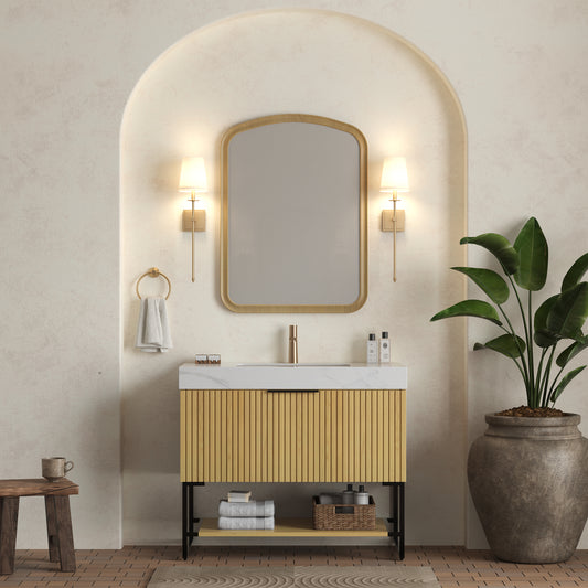 YOLAN 36" Badezimmer-Waschtisch und Waschbecken, freistehender gestreifter Sperrholz-Aufbewahrungsschrank mit Schublade und offenem Regal, Carrara-Weiß, Corolla-Eiche 