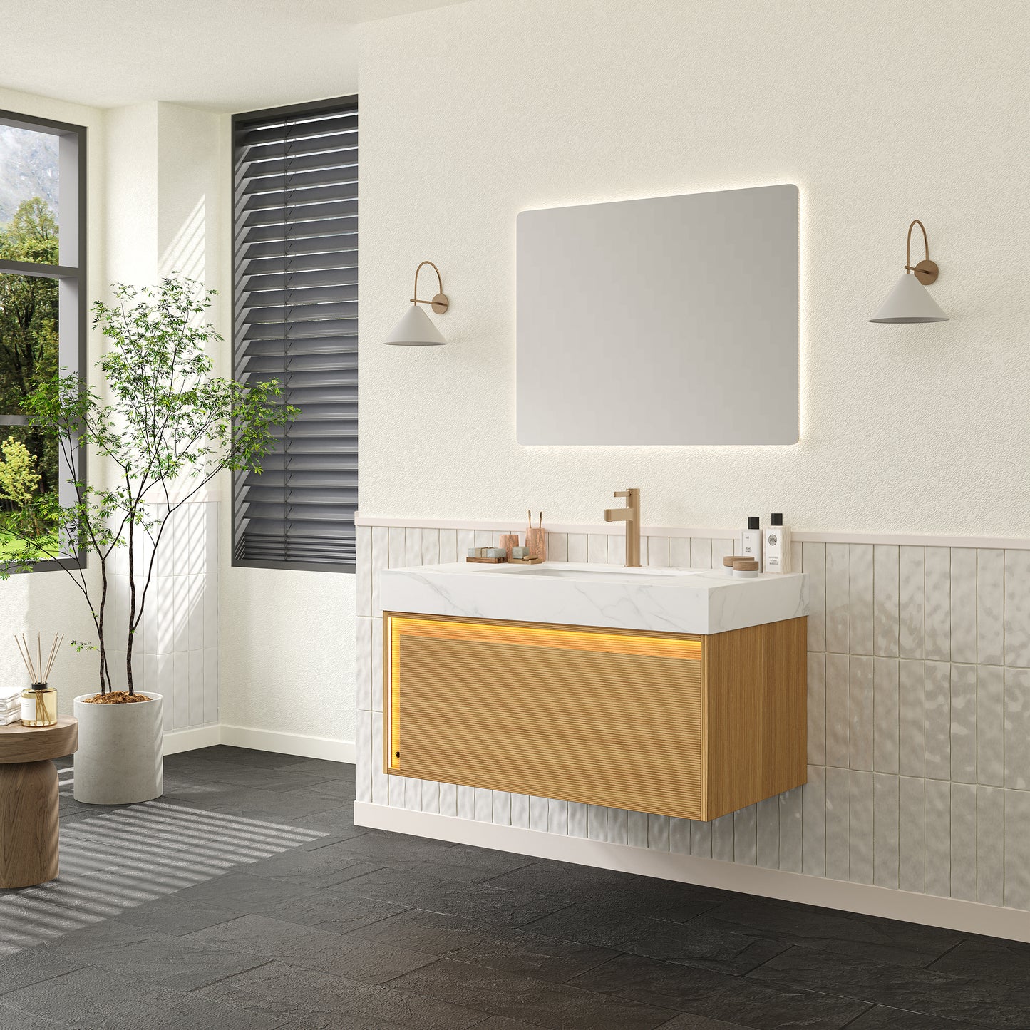 NYAH 60'' Bathroom Vanity&Sinks, Floating Ultra-Slim Grille Plywood Storage Cabinet, Carrara White