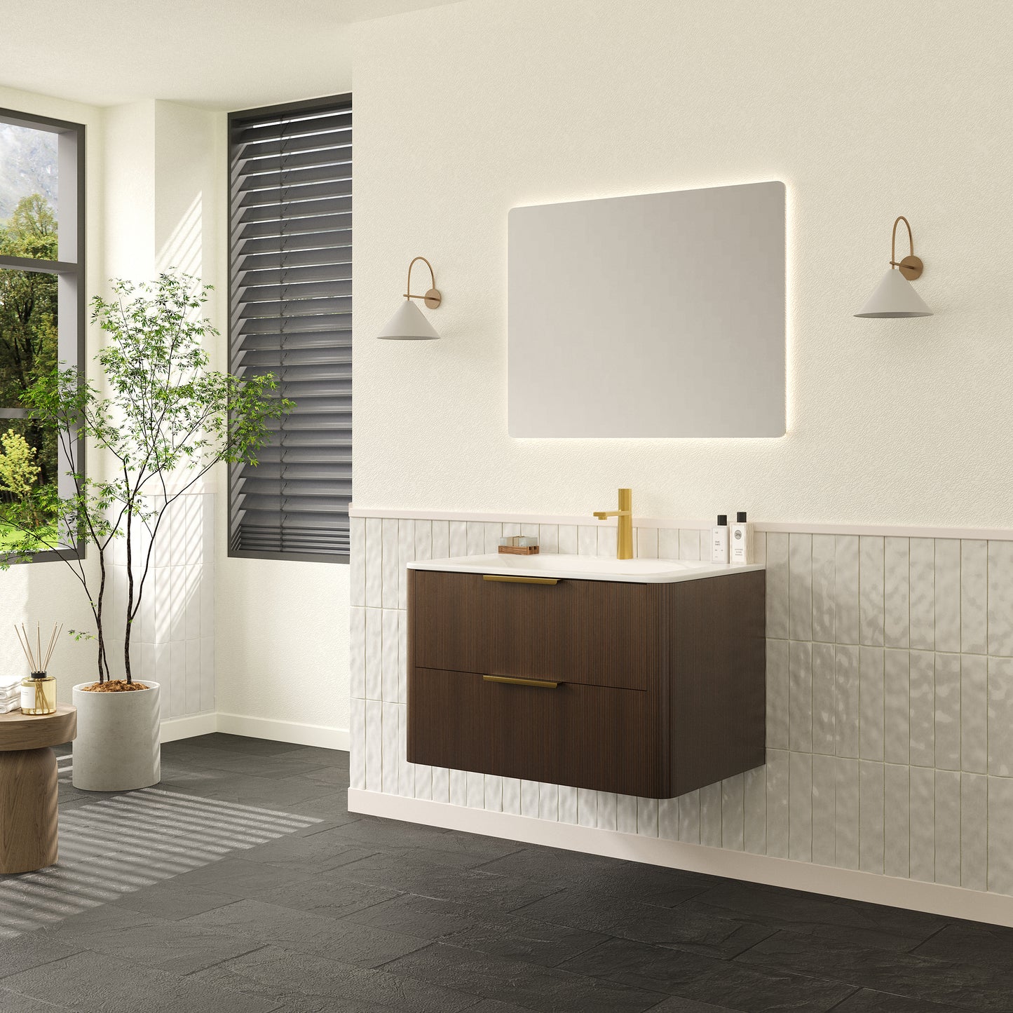 ZANE 30 Badezimmer-Waschtisch mit Waschbecken, schwebender Aufbewahrungsschrank aus Sperrholz mit ultra-Nadelstreifen und Schubladen, italienische Walnussholzmaserung