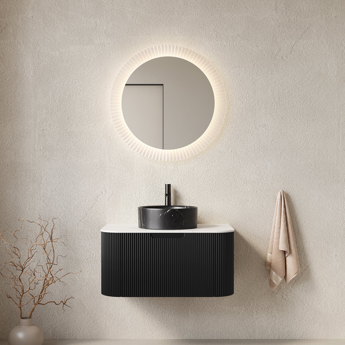 DINA 60" Bathroom Vanity&Sinks, Floating Curved Edges Striped Storage Cabinet with 2 Drawers, 2 Stone Black Round Ceramic Basins&Carrara White Sintered Stone Top, Pre-assembled, Black Color